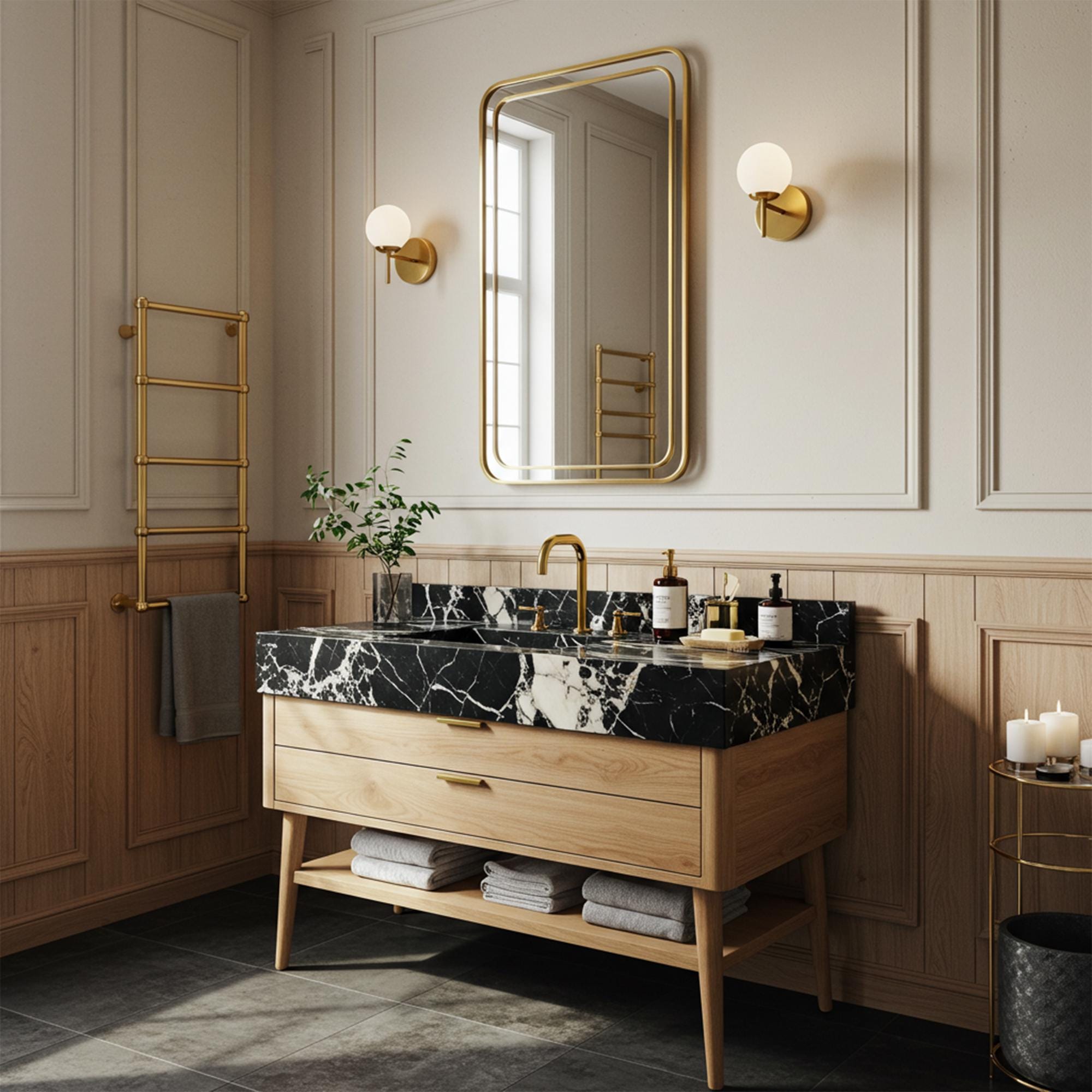 Pietre Notte black marble vanity with integrated basin and mid-century style wood console base.