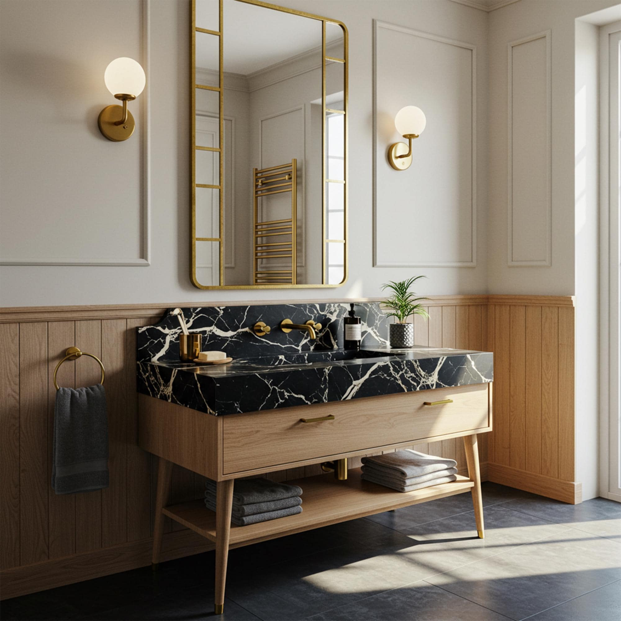 Pietre Notte marble vanity with integrated backsplash and natural wood console for modern bathrooms.