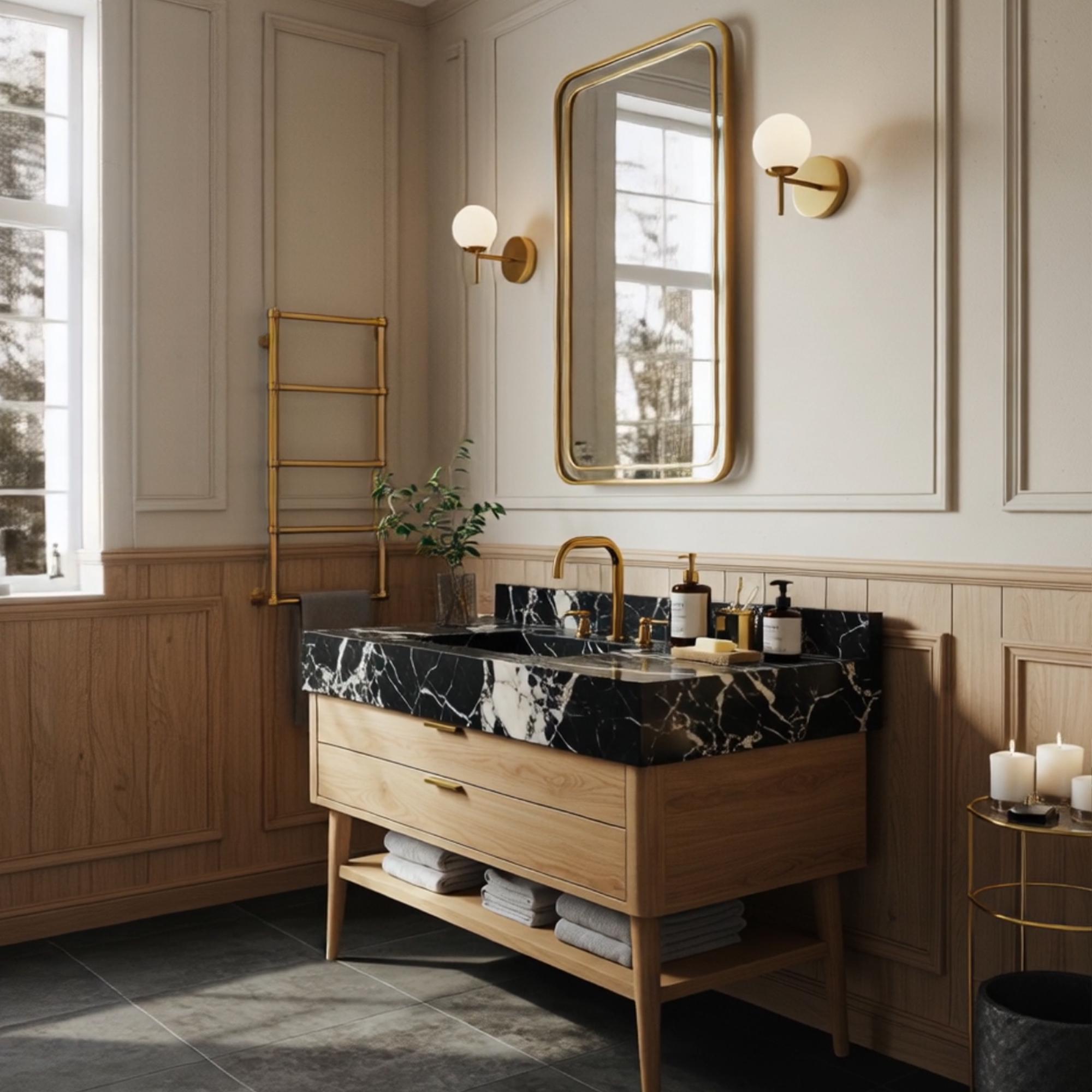Elegant Pietre Notte marble vanity with integrated basin, gold fixtures, and warm natural wood console.