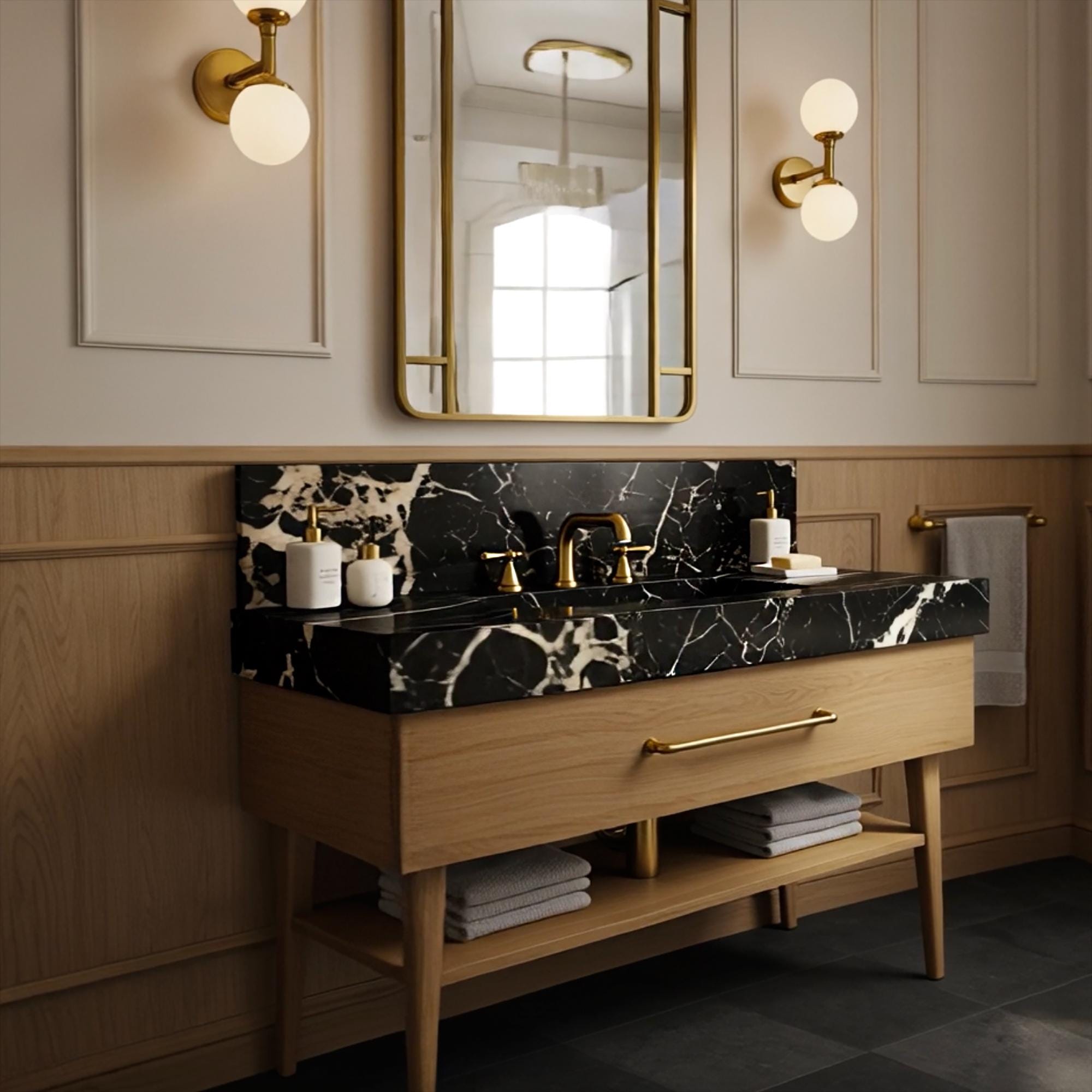 Sophisticated black marble vanity with gold faucet set and clean-lined wooden cabinet.