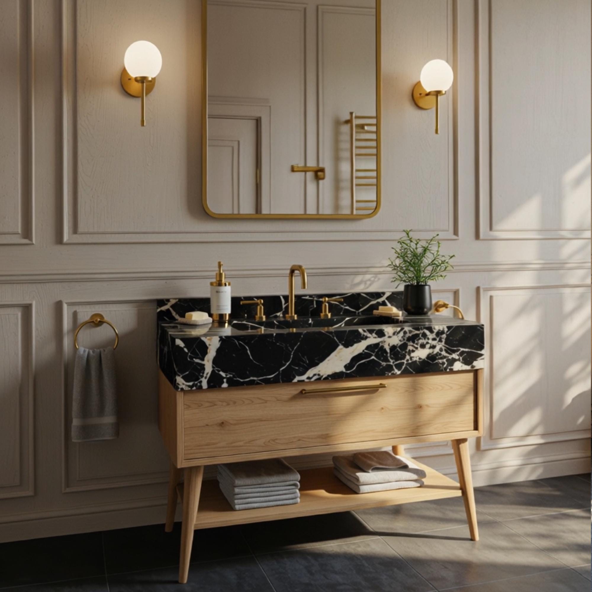 Contemporary black marble vanity with gold fixtures and minimalist wood storage cabinet.