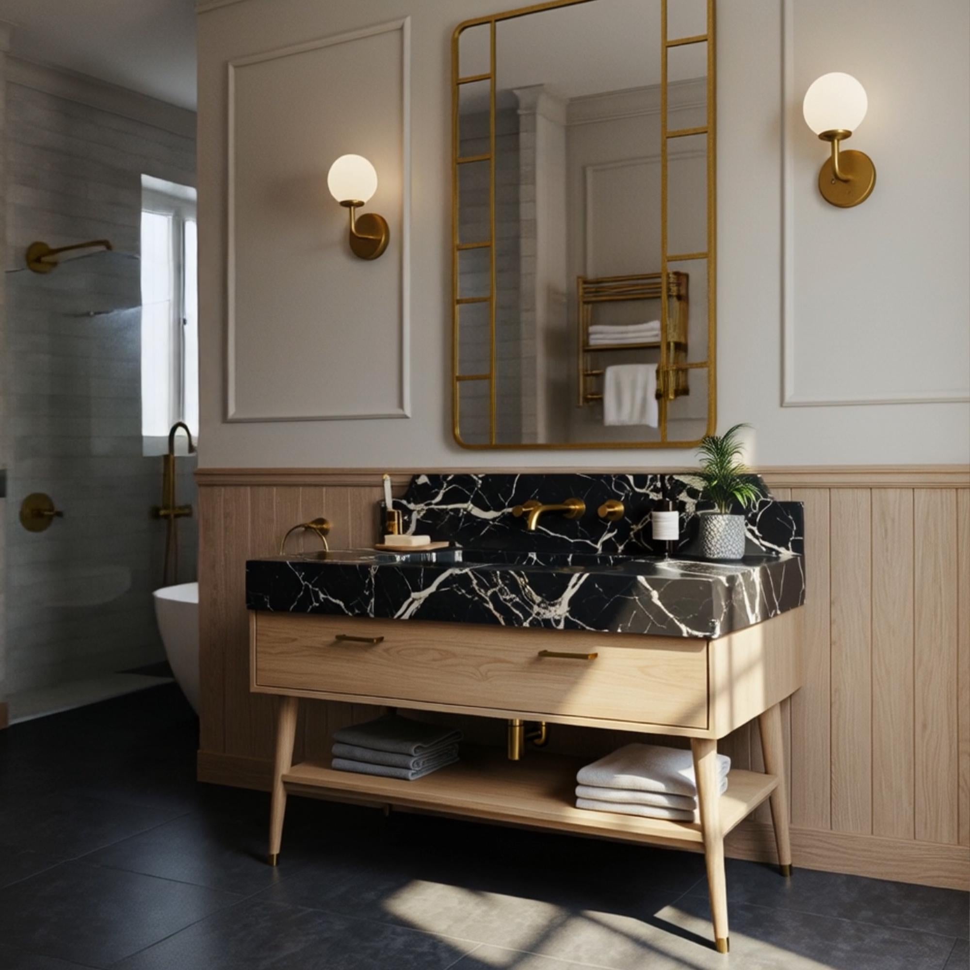 Elegant Pietre Notte marble top vanity with solid wood console and brass hardware details.