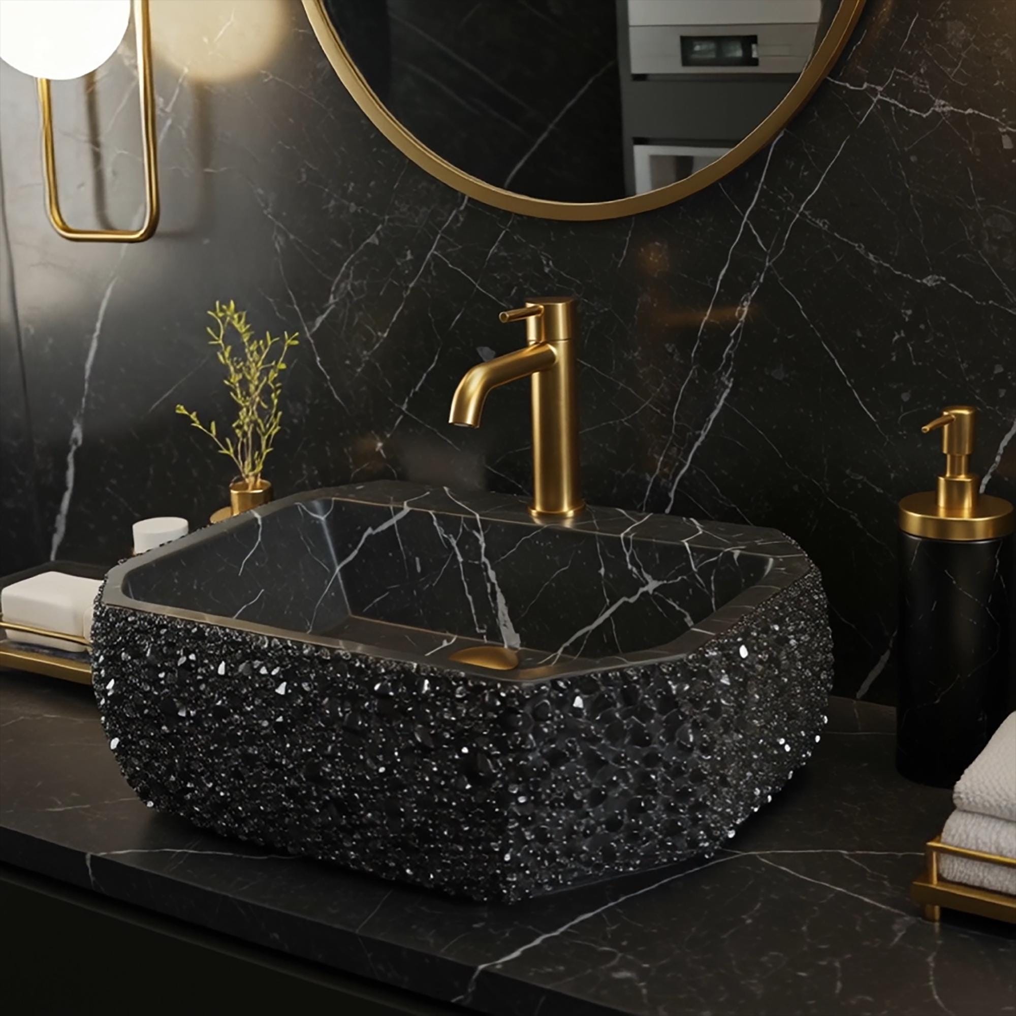 Vessel sink in Pietre Notte black marble featuring an octagonal form with crystal embellishments.