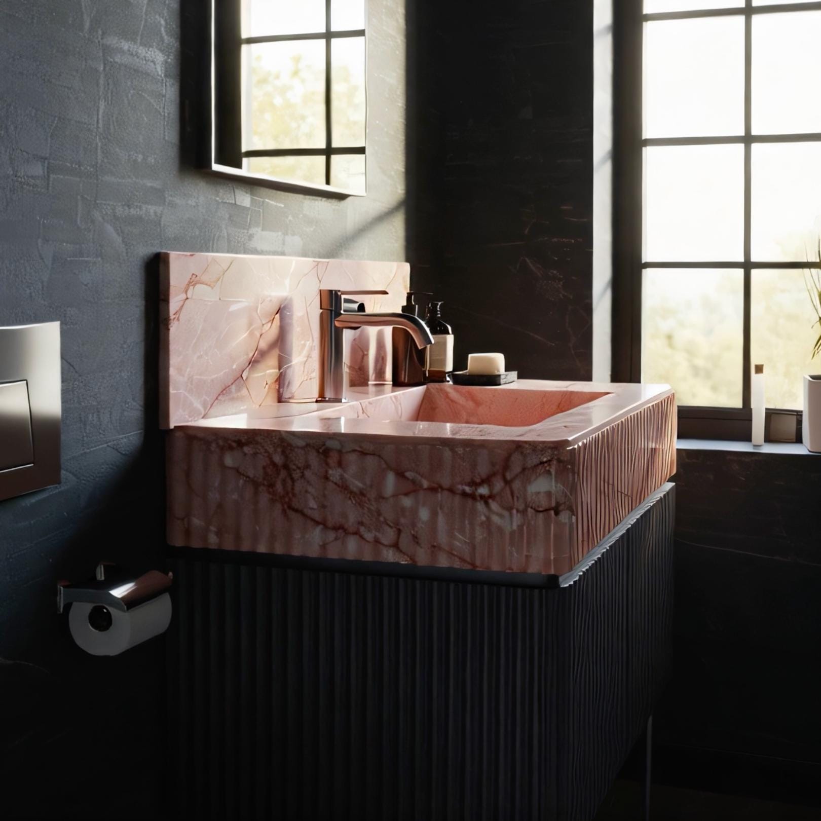 A console sink crafted from pink marble with fluted detailing, mounted on a dark ribbed cabinet for a contemporary edge.