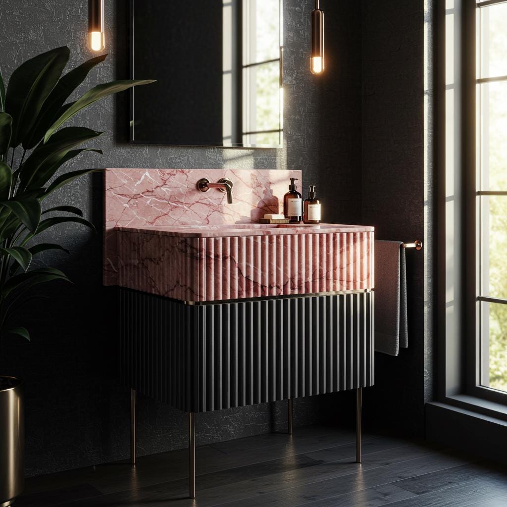 A luxurious pink marble fluted sink paired with a black ribbed storage cabinet, blending style with functionality.