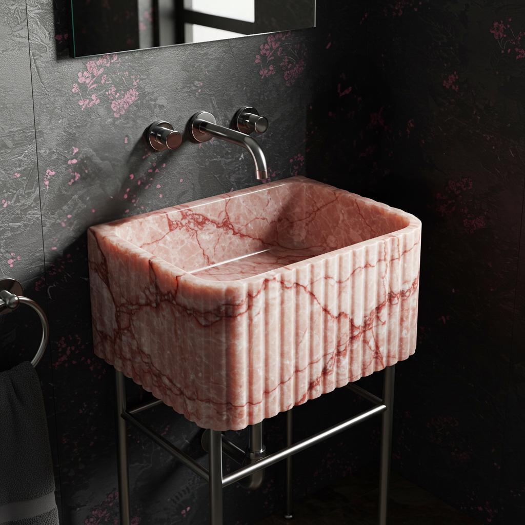 Chic and compact pink marble fluted washstand perfect for stylish powder rooms.