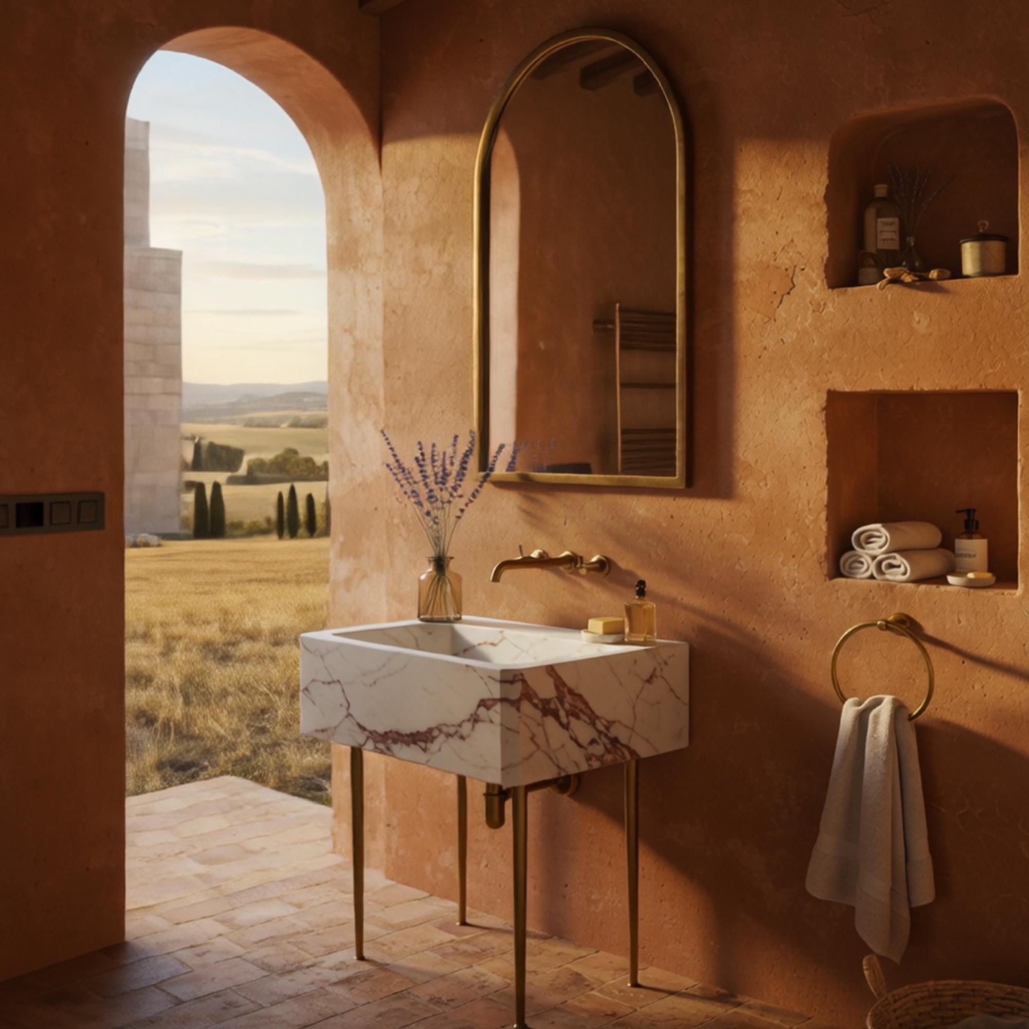 Elegant red-veined marble sink with sleek geometric form and slim brass console stand.