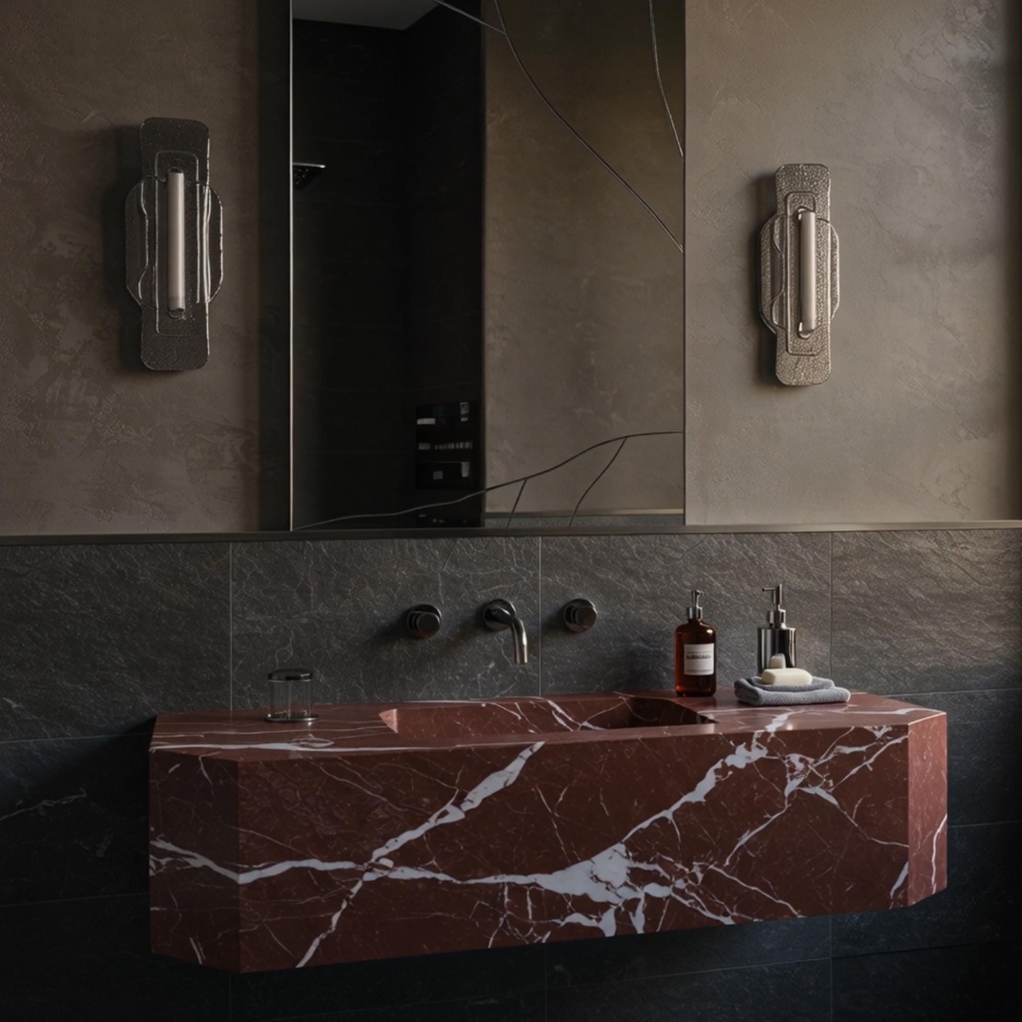 Floating vanity sink in bold red Rosso Levanto marble with sharp geometric lines, mounted on a dark tiled wall.
