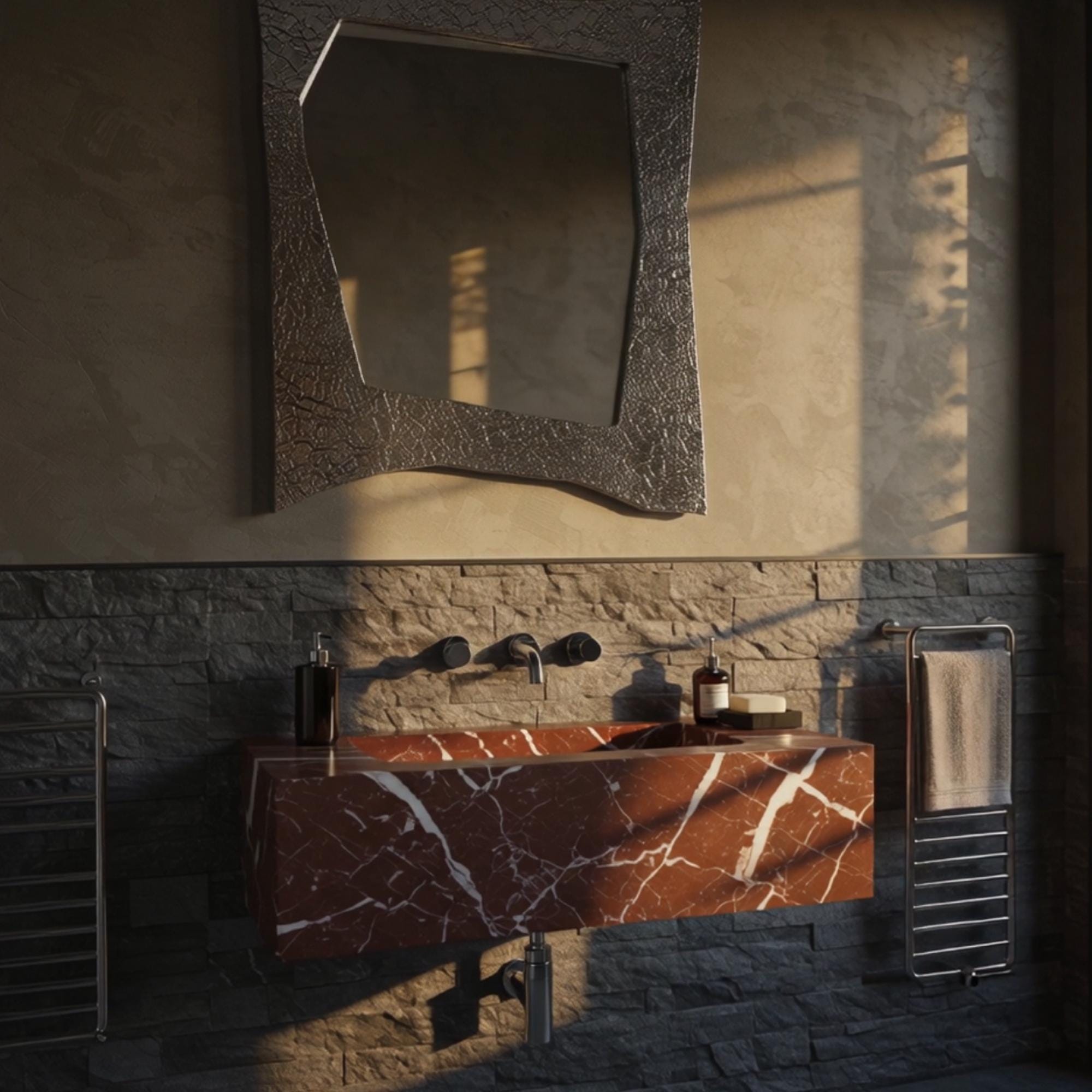 Bold Rosso Levanto marble sink featuring a floating wall-mounted structure and sleek lines.