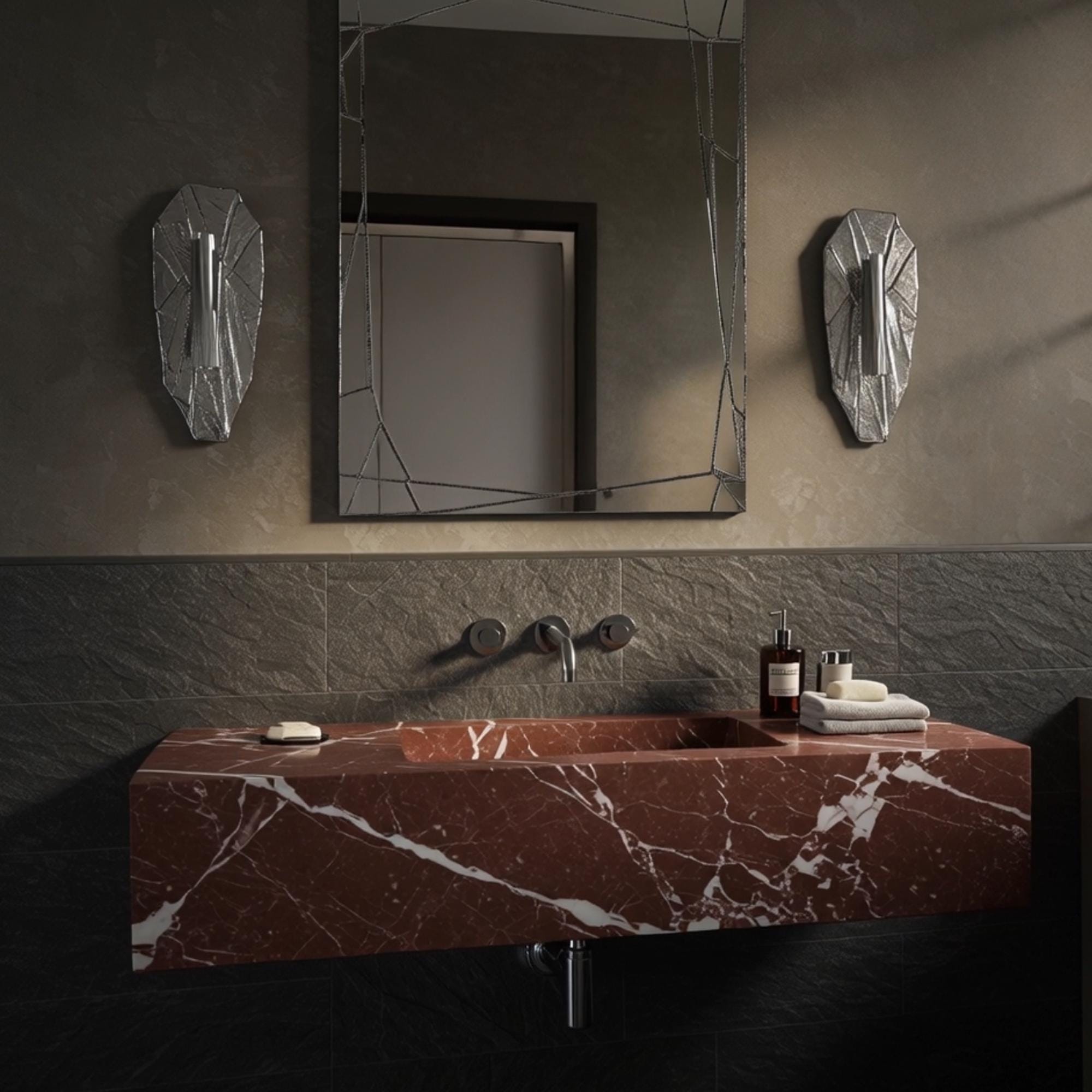 Wall-mounted vanity crafted from Rosso Levanto red marble featuring bold white veining and minimalist design.