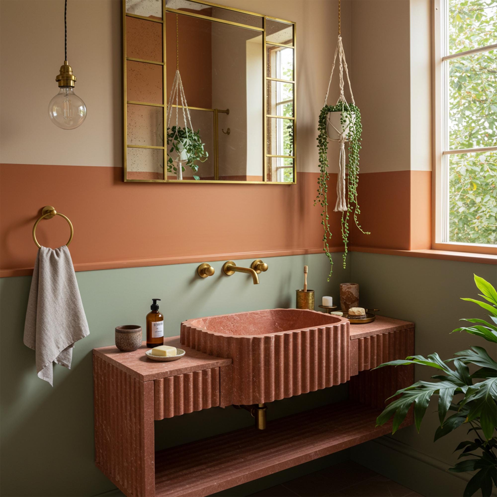 Red travertine fluted floating vanity with integrated drawers and open shelf for modern bathrooms.
