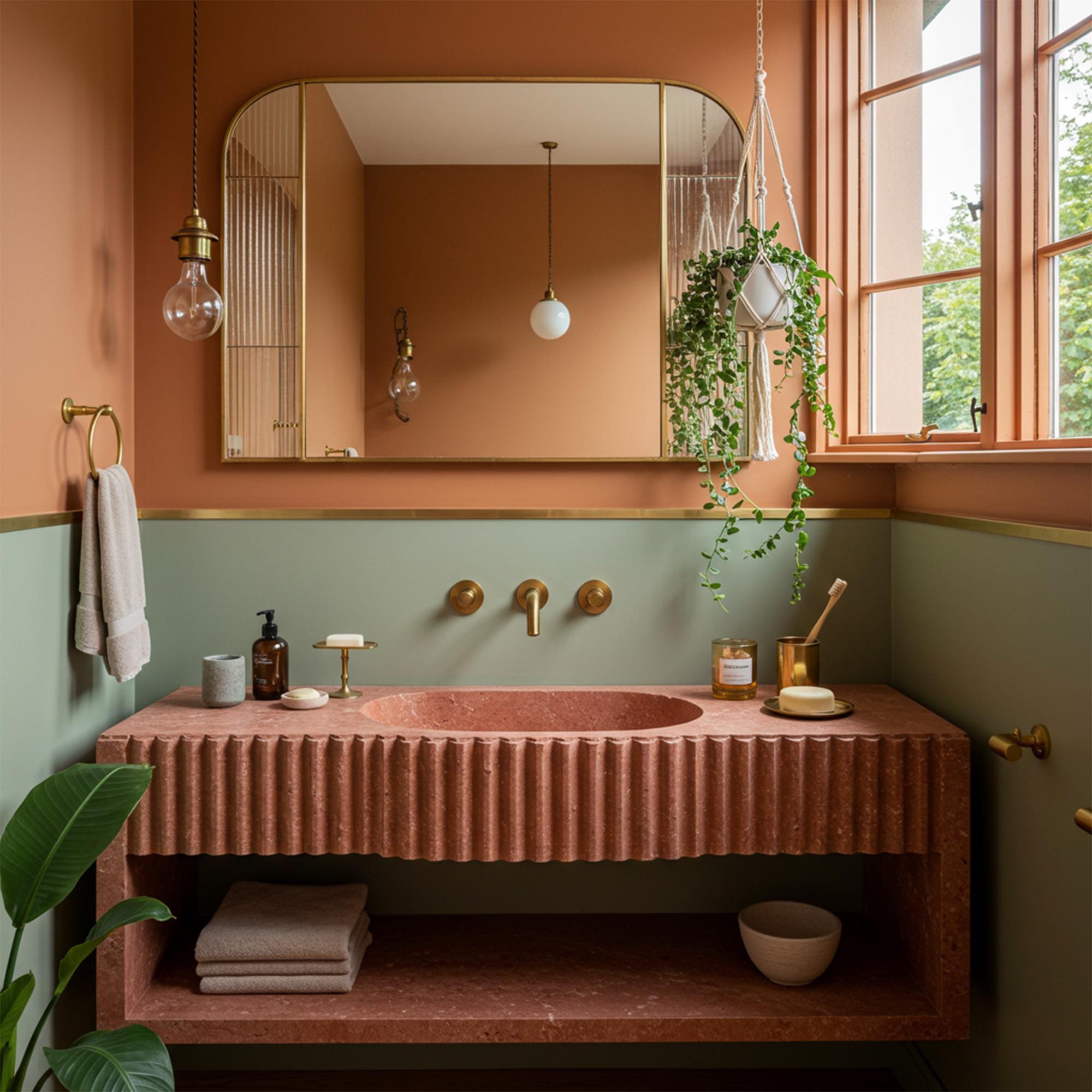 Red travertine fluted floating sink with integrated shelf, wall-mounted for a modern natural bathroom look.