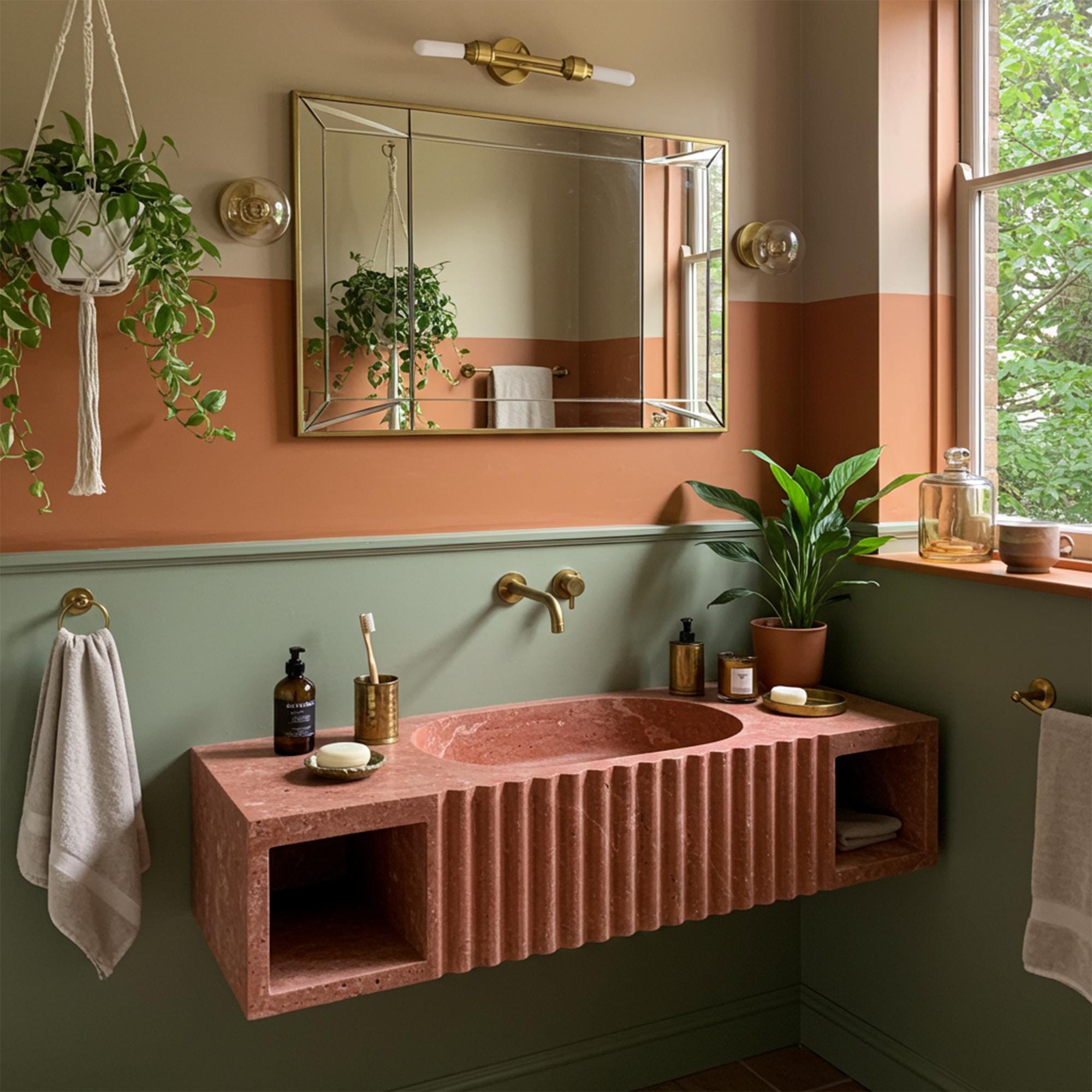 Wall-mounted red travertine fluted vanity with integrated oval basin and open side storage shelves.