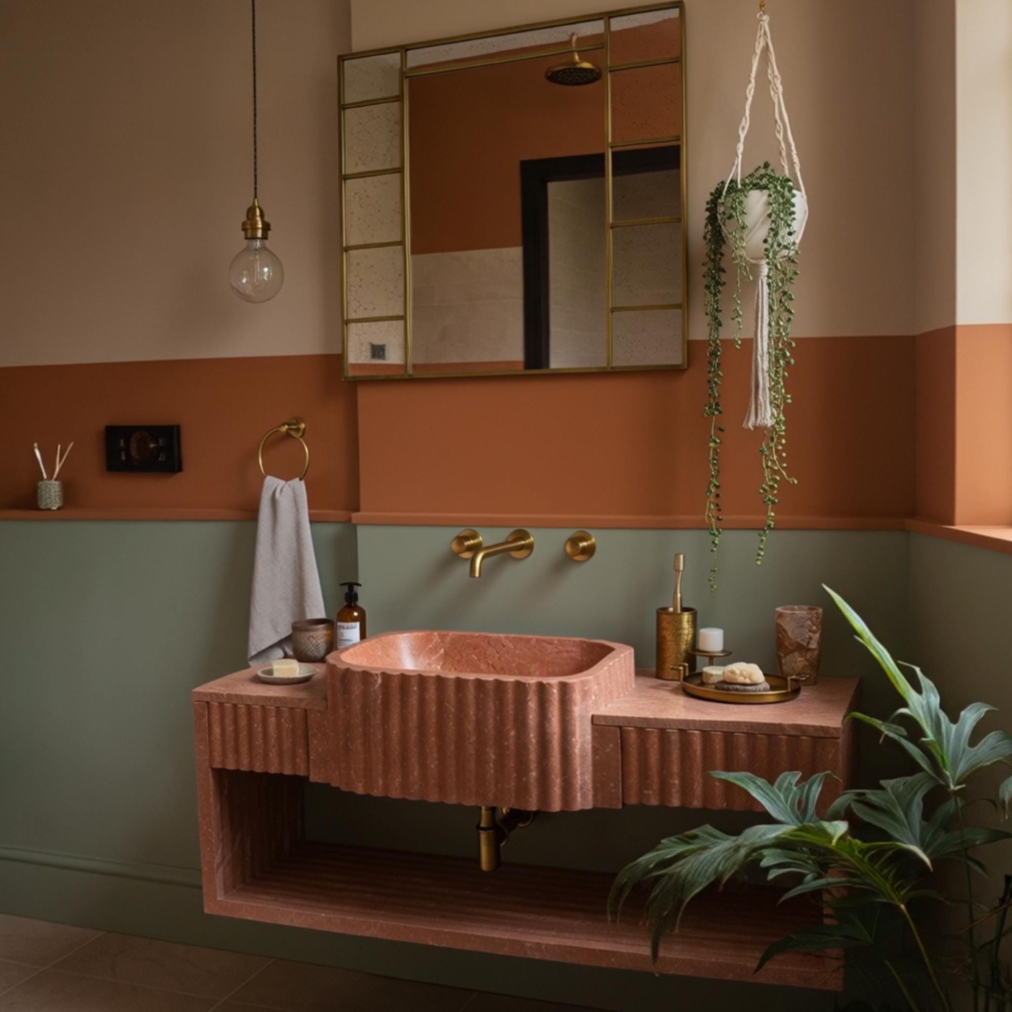 Elegant red travertine vanity with fluted curves, built-in drawers, and open bottom shelf.