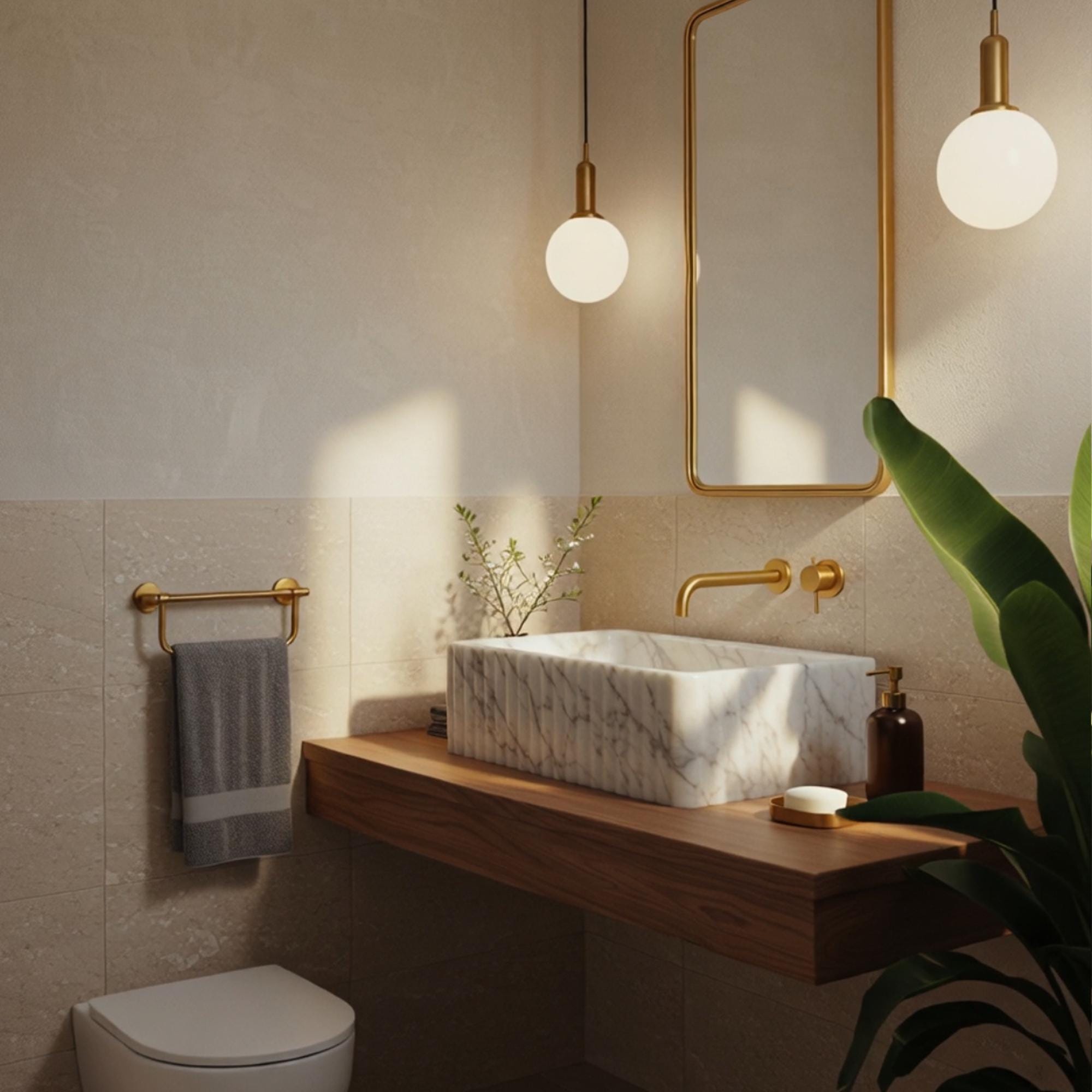 Modern bathroom vessel sink in Carrara marble with fluted ribbed texture and sleek design.