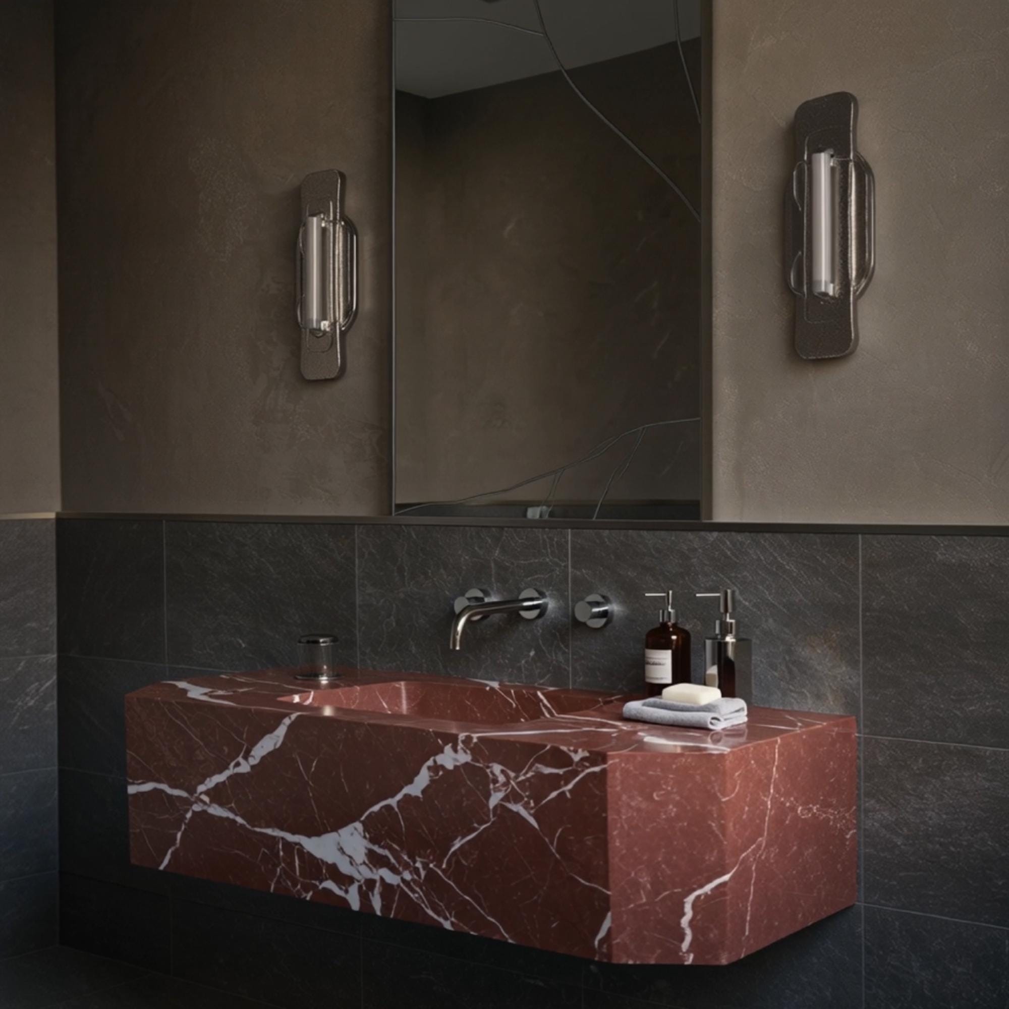 Rosso Levanto red marble floating sink with geometric design, wall-mounted for a sleek modern bathroom look.