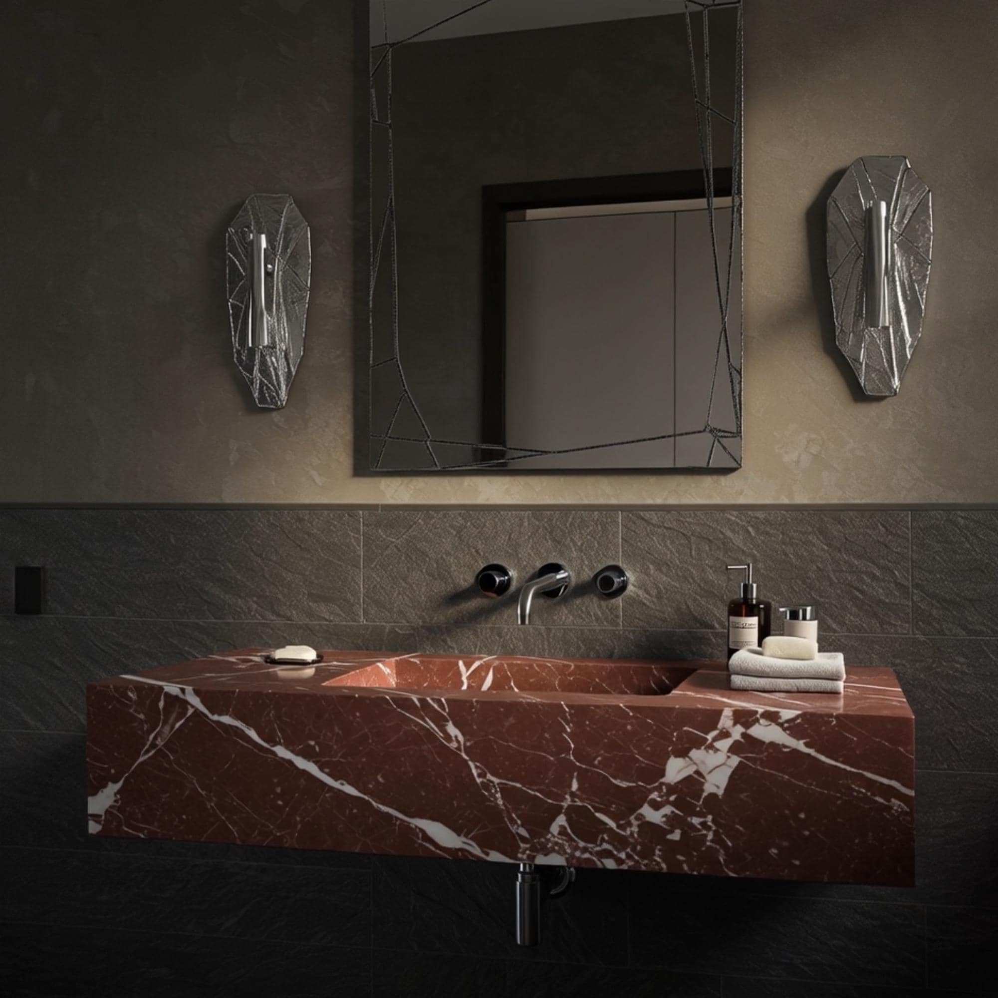 Floating bathroom sink made from Rosso Levanto marble, showcasing a sleek geometric silhouette in deep red tones.