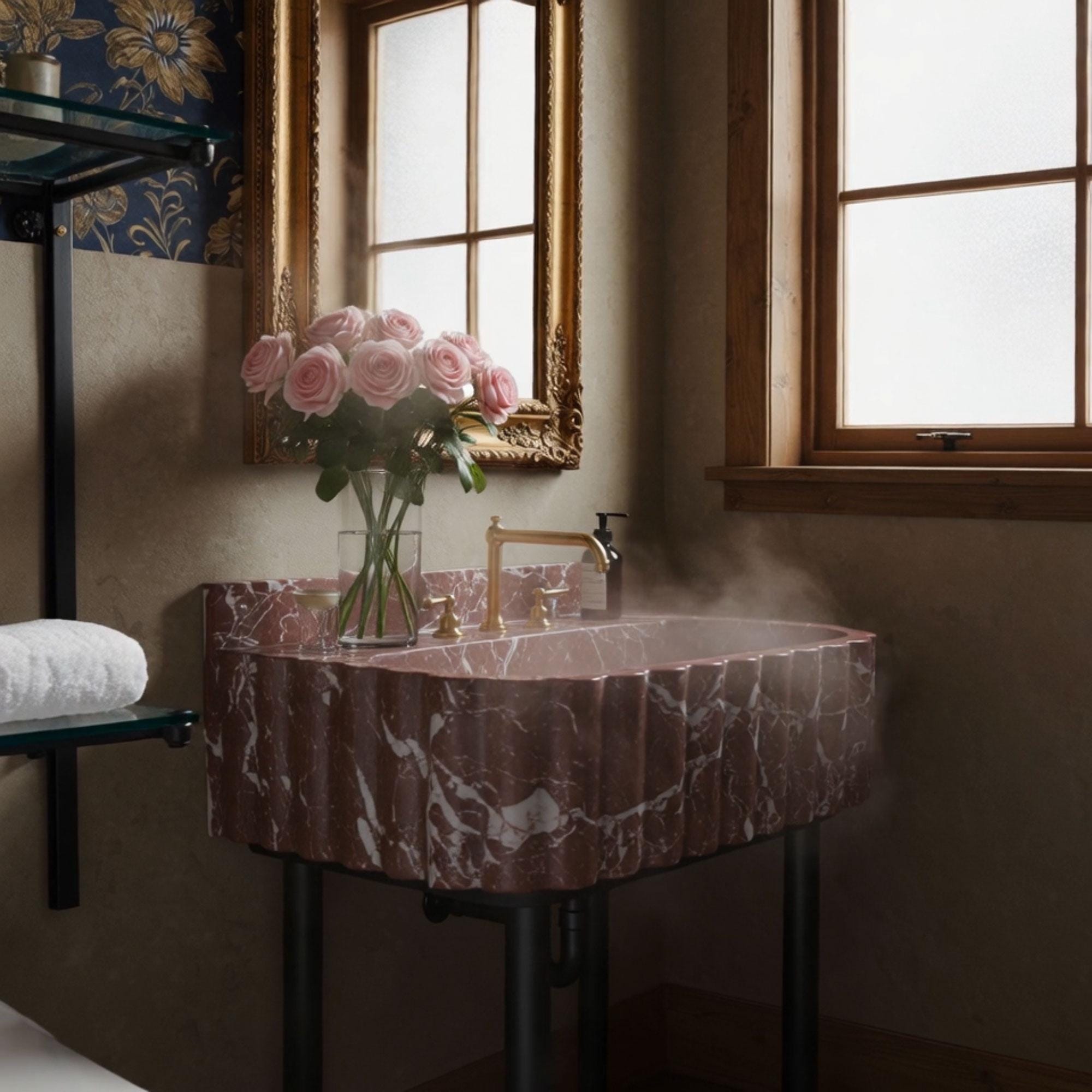 A Rosso Levanto marble vanity sink with fluted scalloped detailing and an integrated backsplash, perfect for opulent bathrooms.