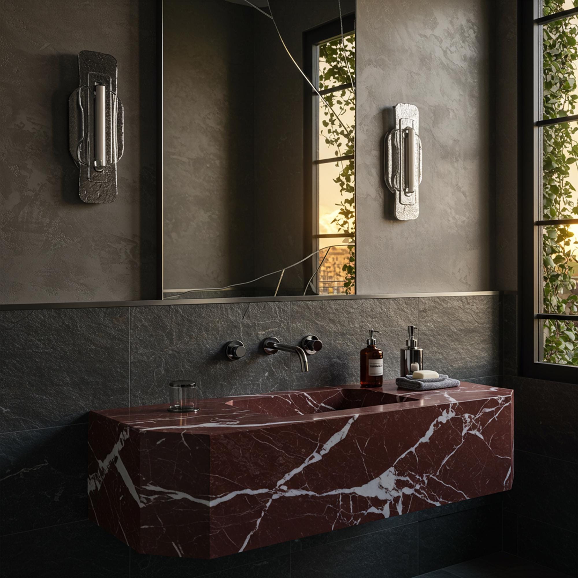 Wall-hung Rosso Levanto marble sink with minimalist geometric form, perfect for luxurious modern bathrooms.