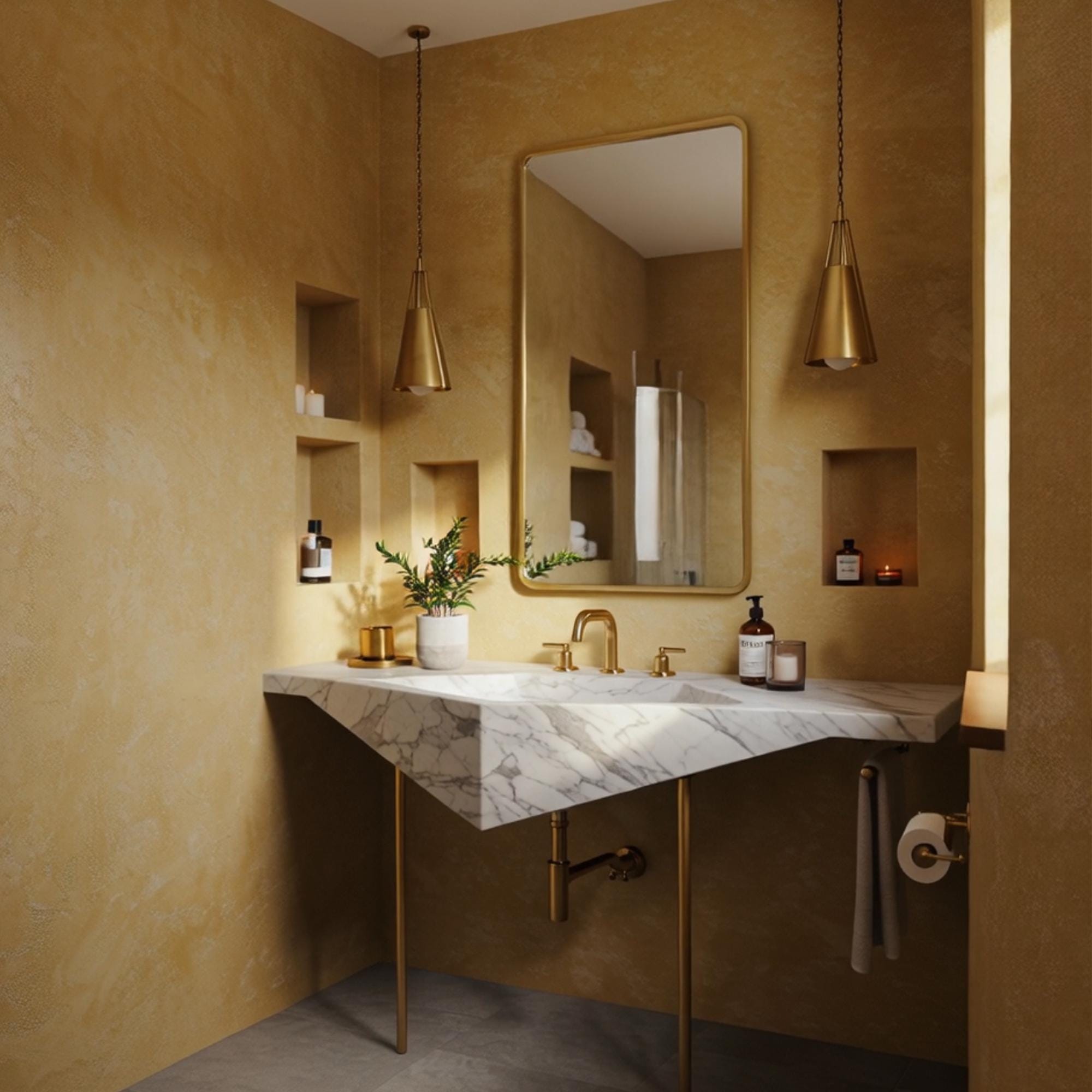 Sculptural carrara marble sink with bold geometric design and sleek brass frame