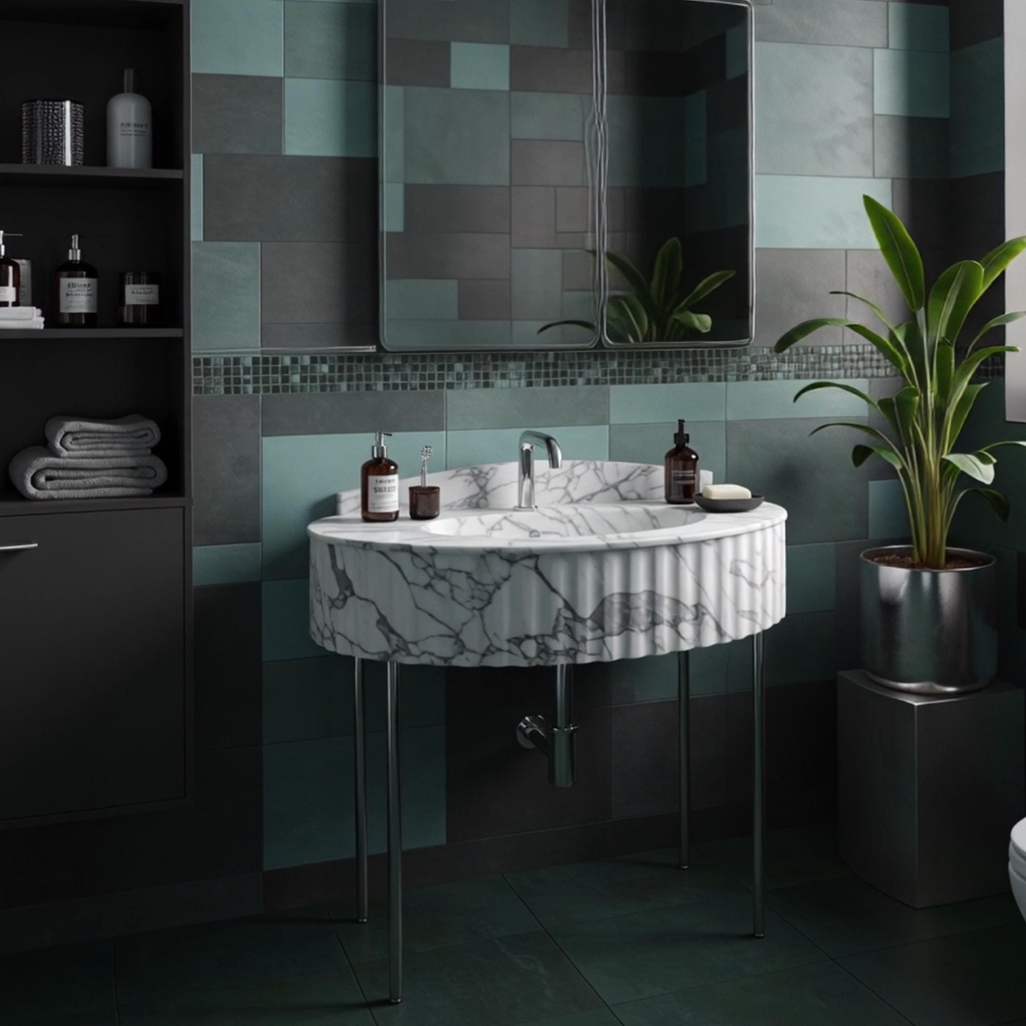 Semicircular console vanity in Carrara marble with fluted detail and thin minimalist legs.