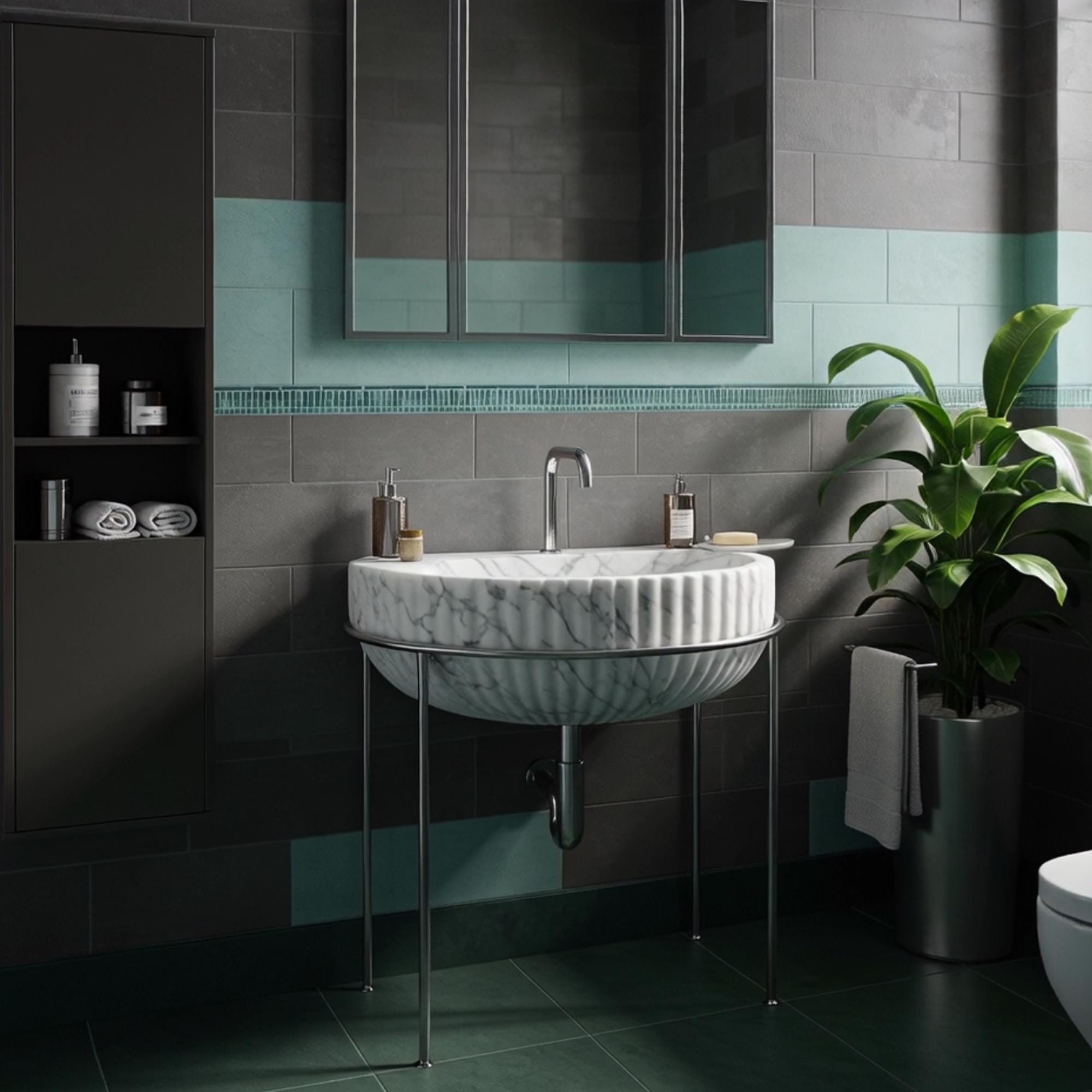 Elegant semicircular Carrara marble sink featuring fluted detailing and a sleek metal washstand.