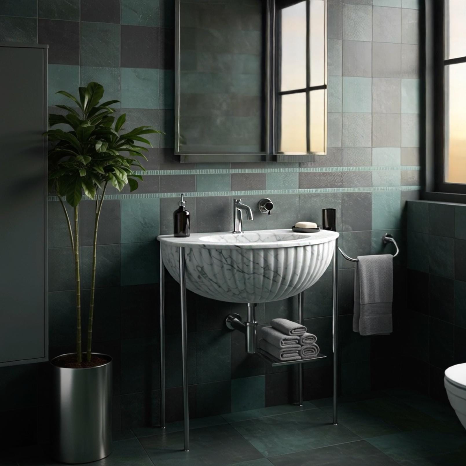 Distinctive fluted-front sink in Carrara marble, featuring semicircular design and chrome leg frame.