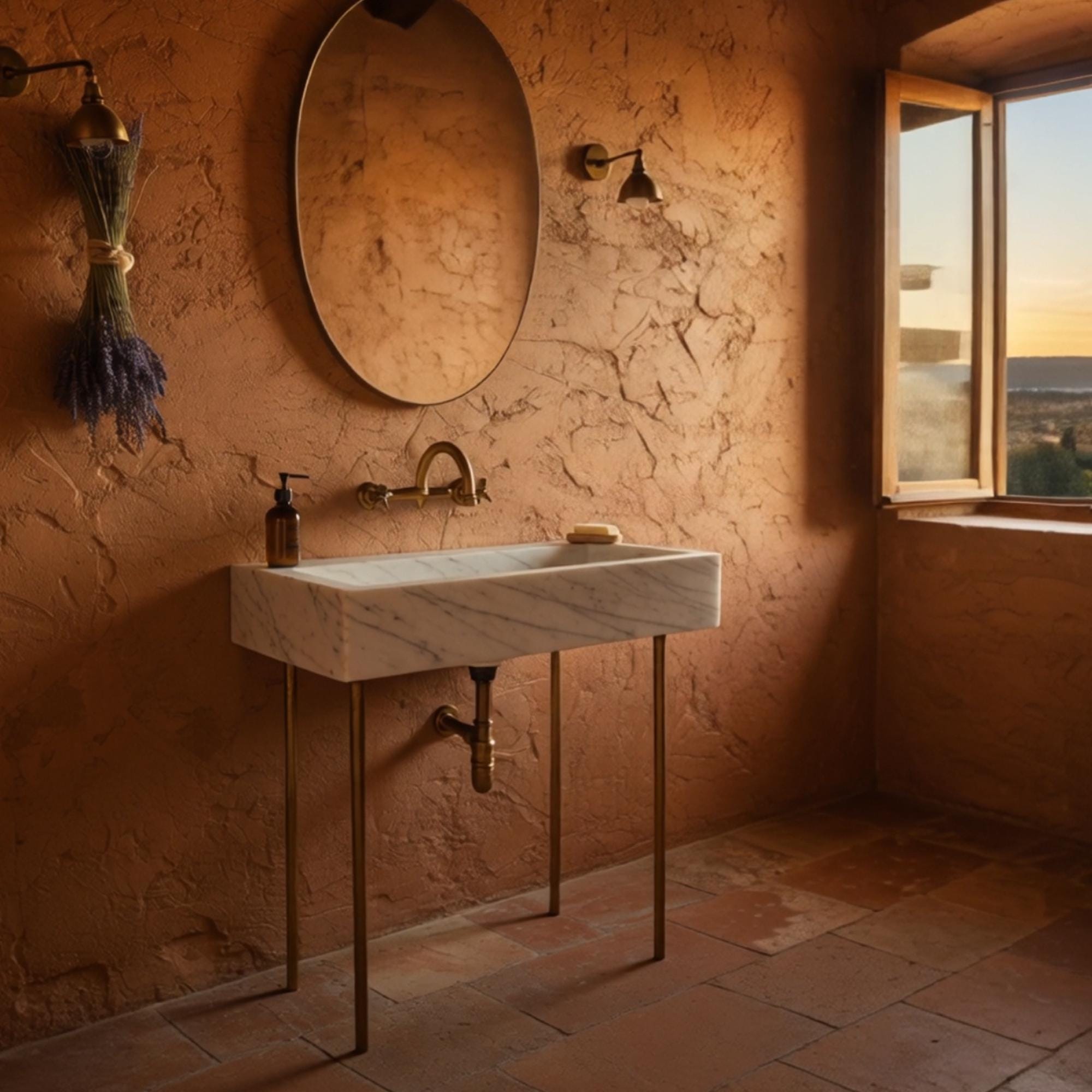 Slim Carrara marble vanity with clean lines, wall-mounted with brass pipe and fixtures.