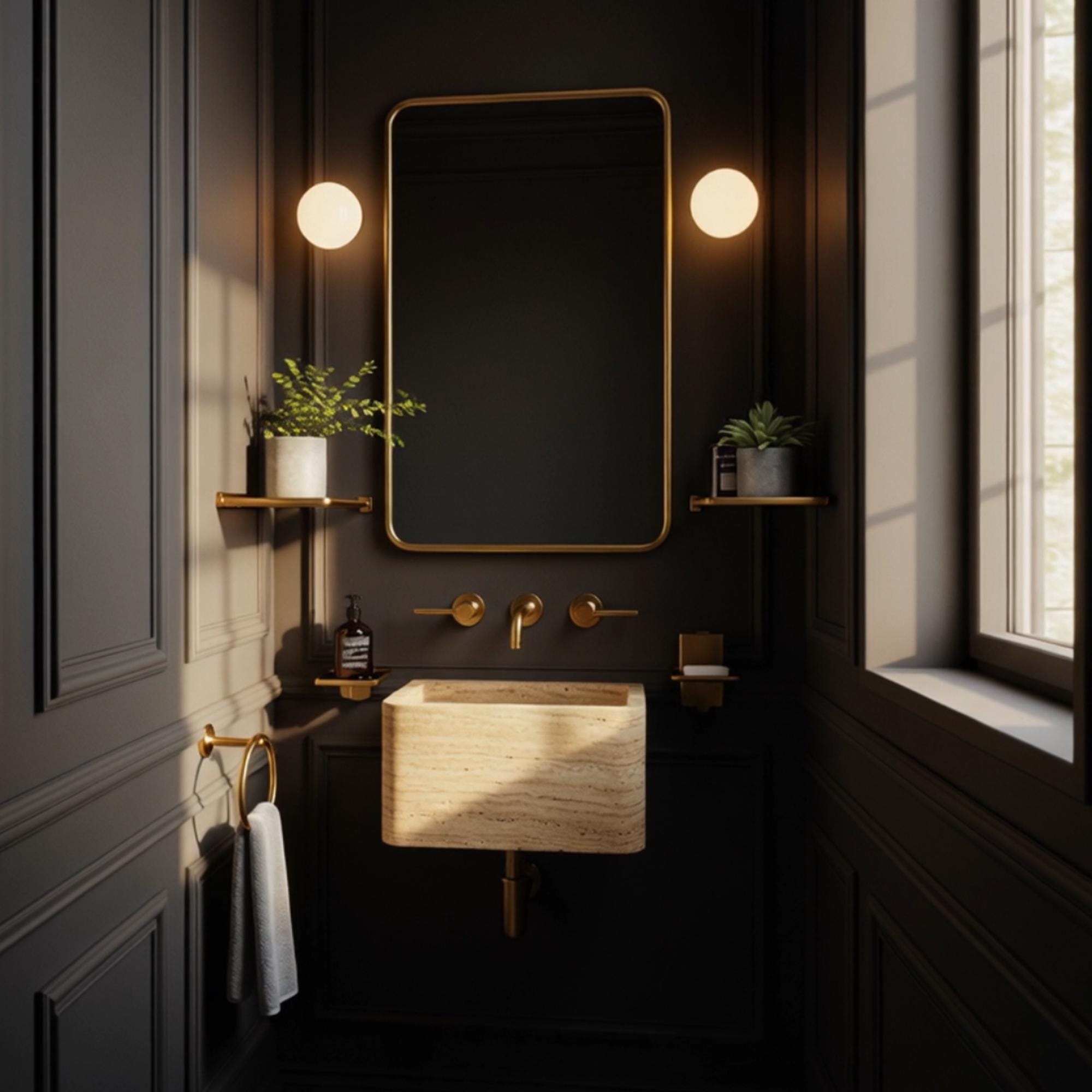Small rectangular floating basin crafted from beige travertine, designed for stylish powder room vanities.
