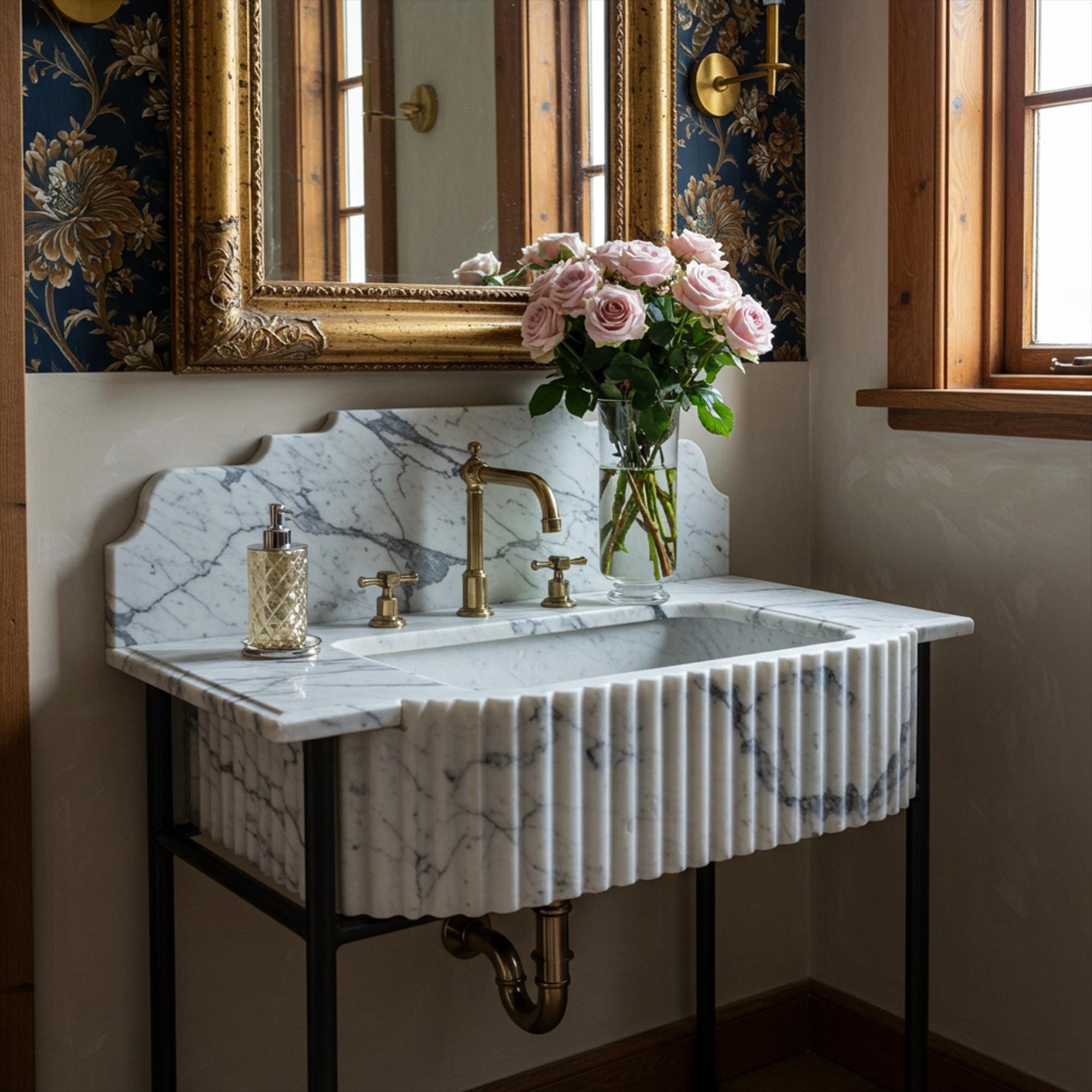 St. Moritz white marble fluted sink with scalloped integrated backsplash and luxurious brass fixtures, mounted on a black console stand.