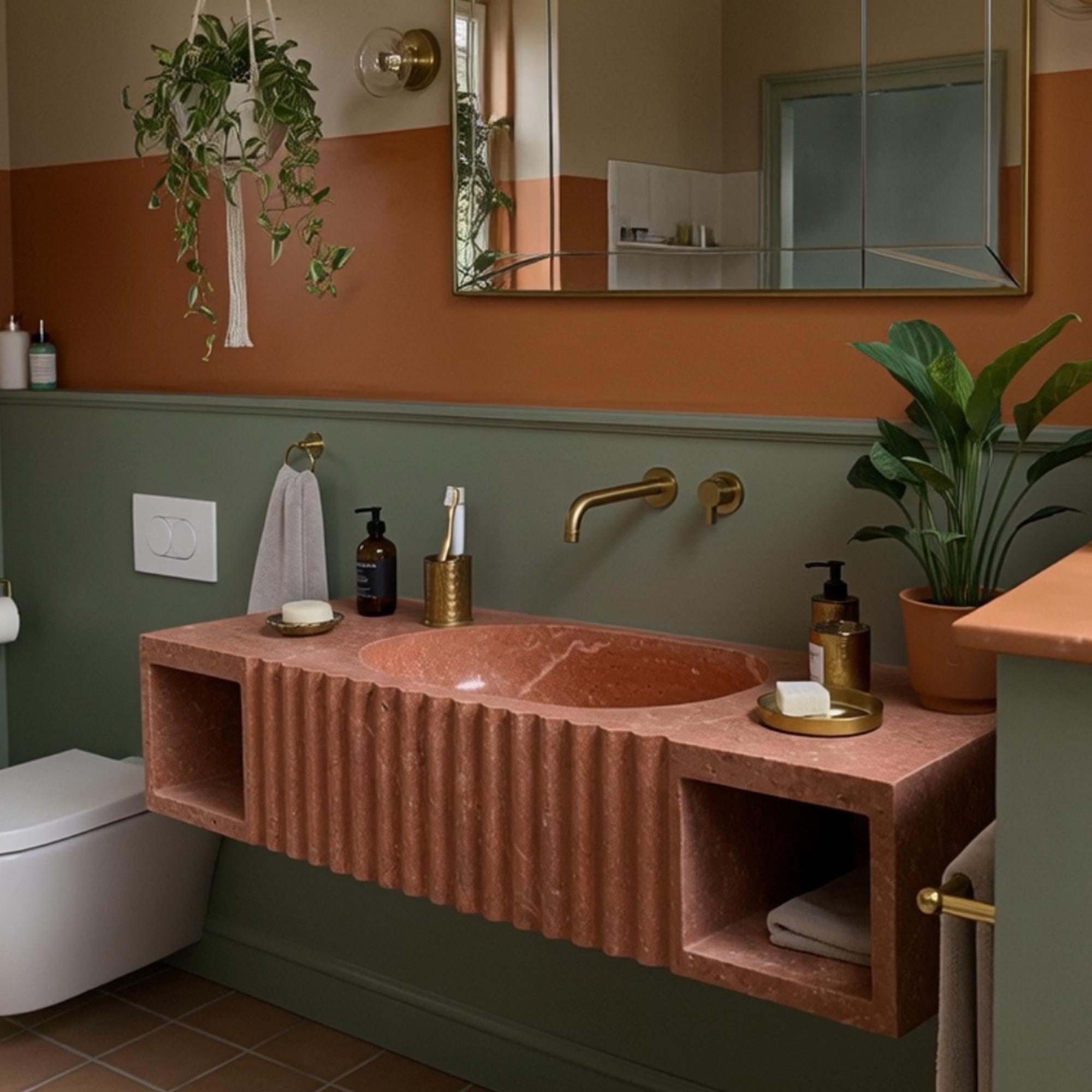Hand-carved red travertine wall-mounted vanity sink with ribbed texture and functional side compartments.