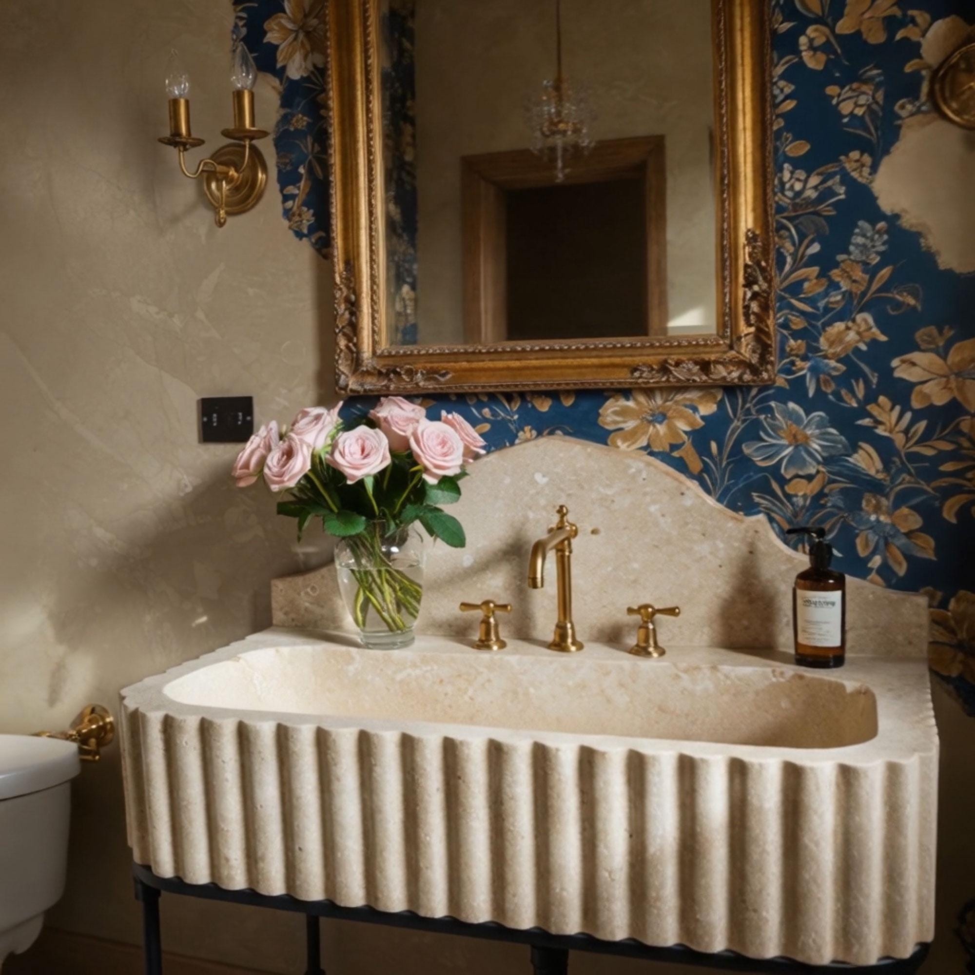 Traditional style fluted travertine bathroom sink with ornate curved backsplash, black iron stand, and vintage brass fixtures.