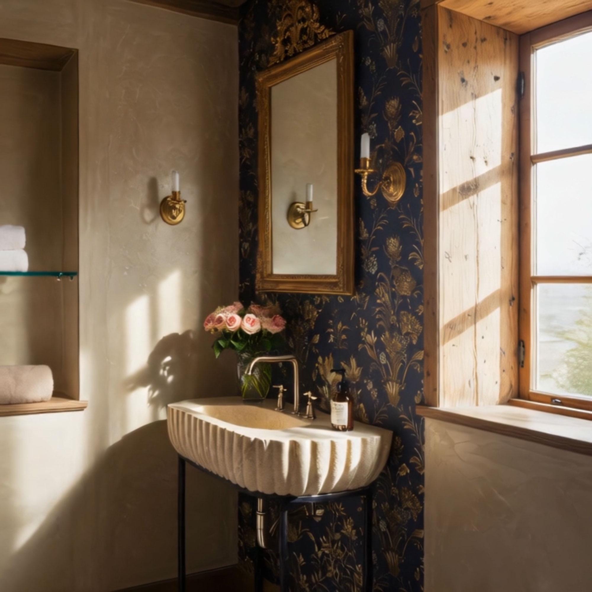 Elegant D-shape bathroom sink in fluted beige travertine with a sturdy black metal base.