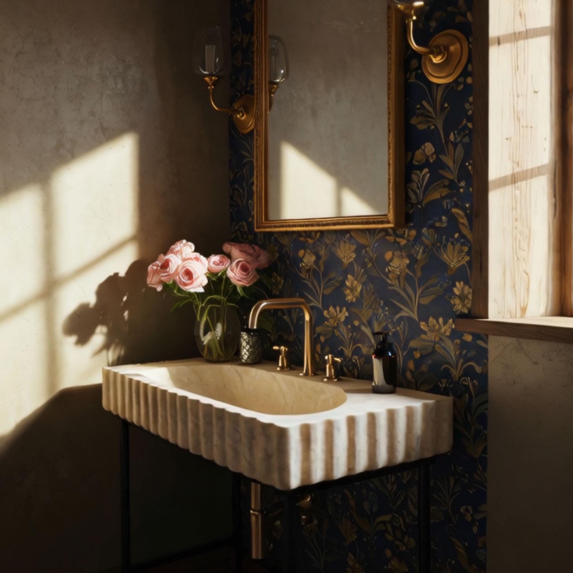 Hand-carved fluted beige travertine console sink paired with minimalist metal frame for a classic look.