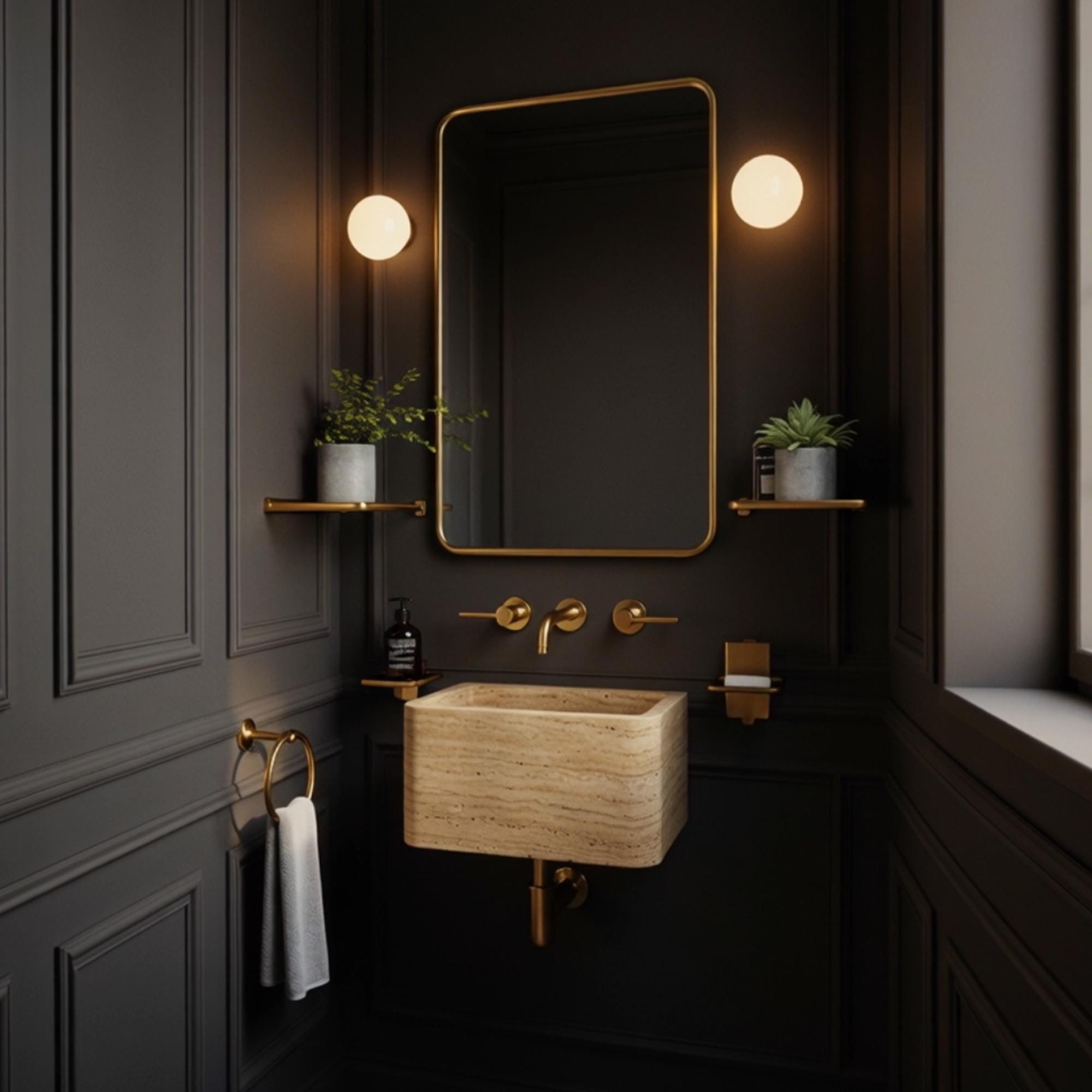 Compact beige travertine sink with floating wall-mount installation and brass fixtures for a modern powder room.