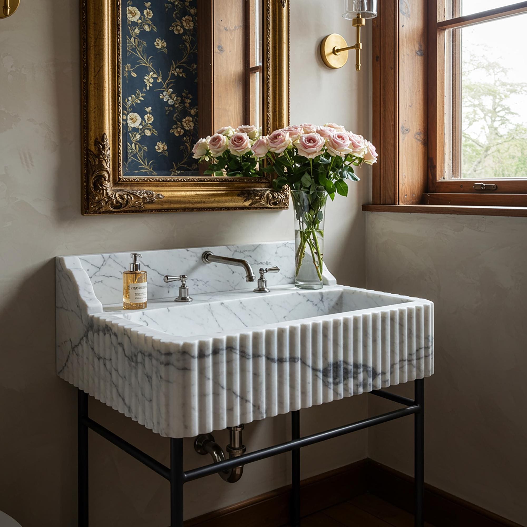 A fluted marble console sink with gently curved side splashes, handcrafted in Versailles Crest marble for timeless elegance.