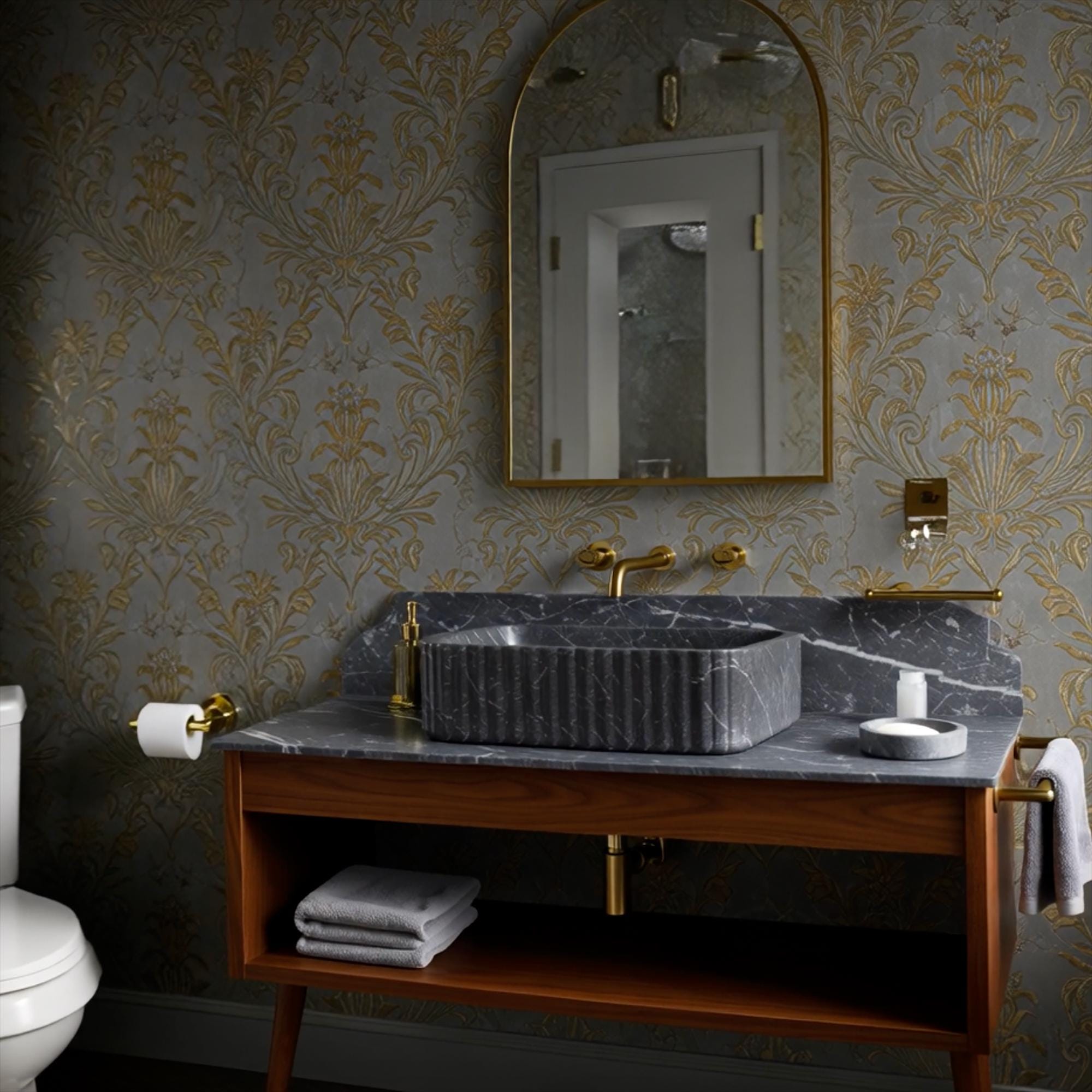 Fluted vessel sink in Pietre Notte marble with brass fixtures, oak vanity base, and built-in backsplash.