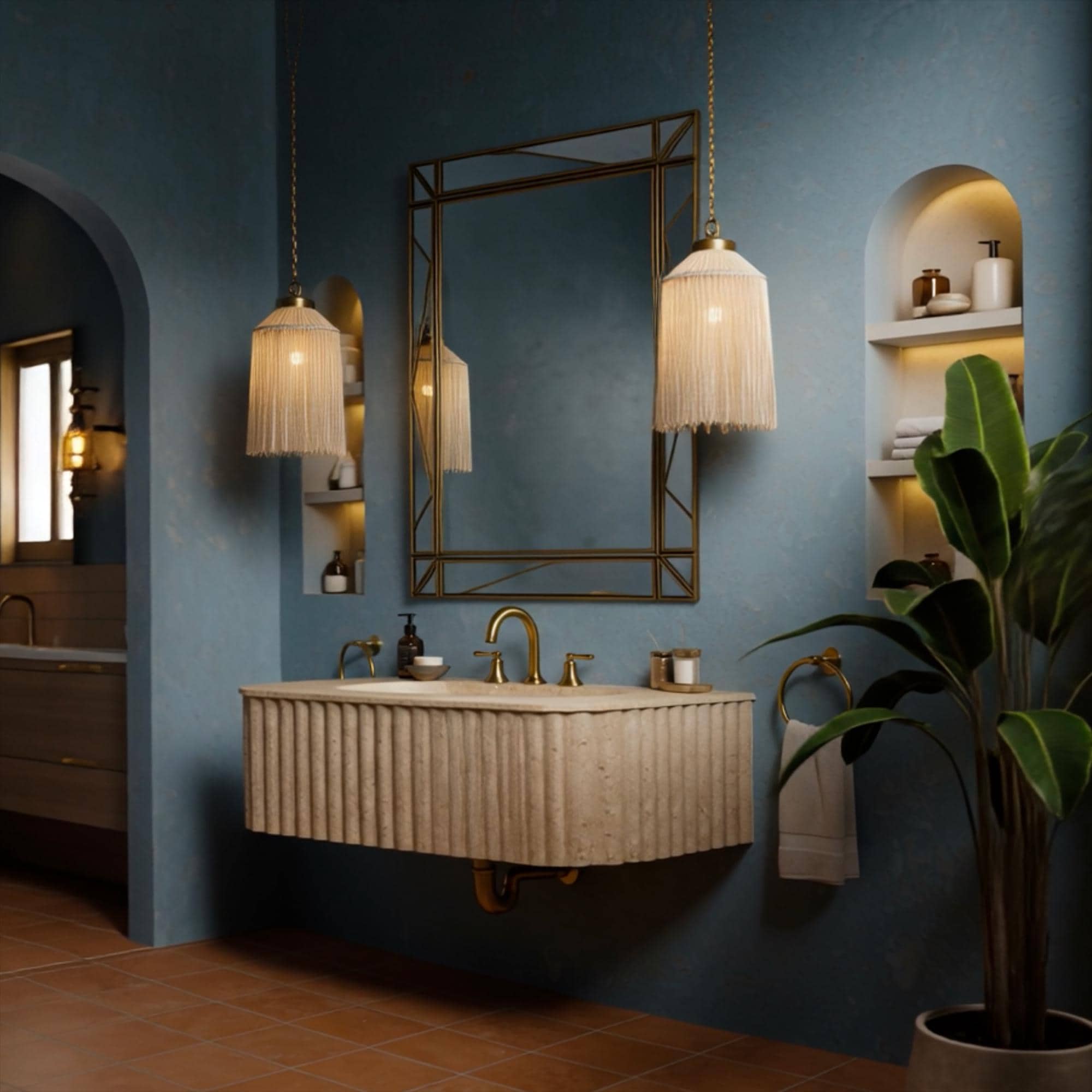 Wall-mounted double sink crafted from beige travertine with hand-carved fluted surface design.