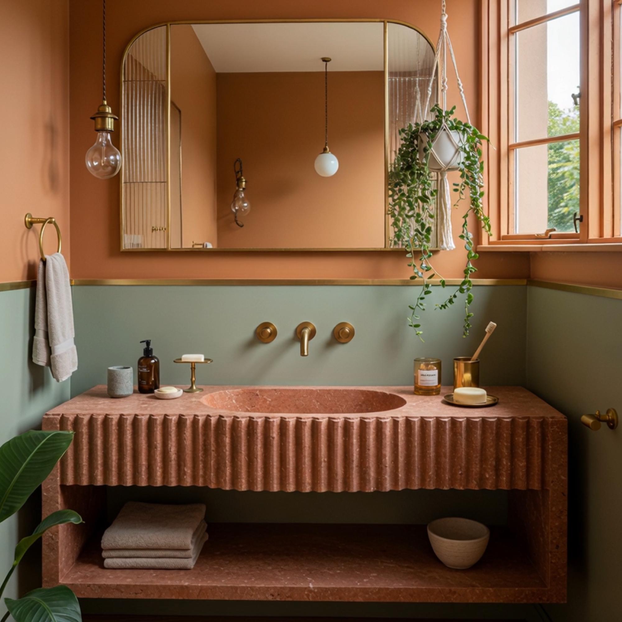 Wall-mounted red travertine sink with fluted design and built-in shelf, paired with brass fixtures.