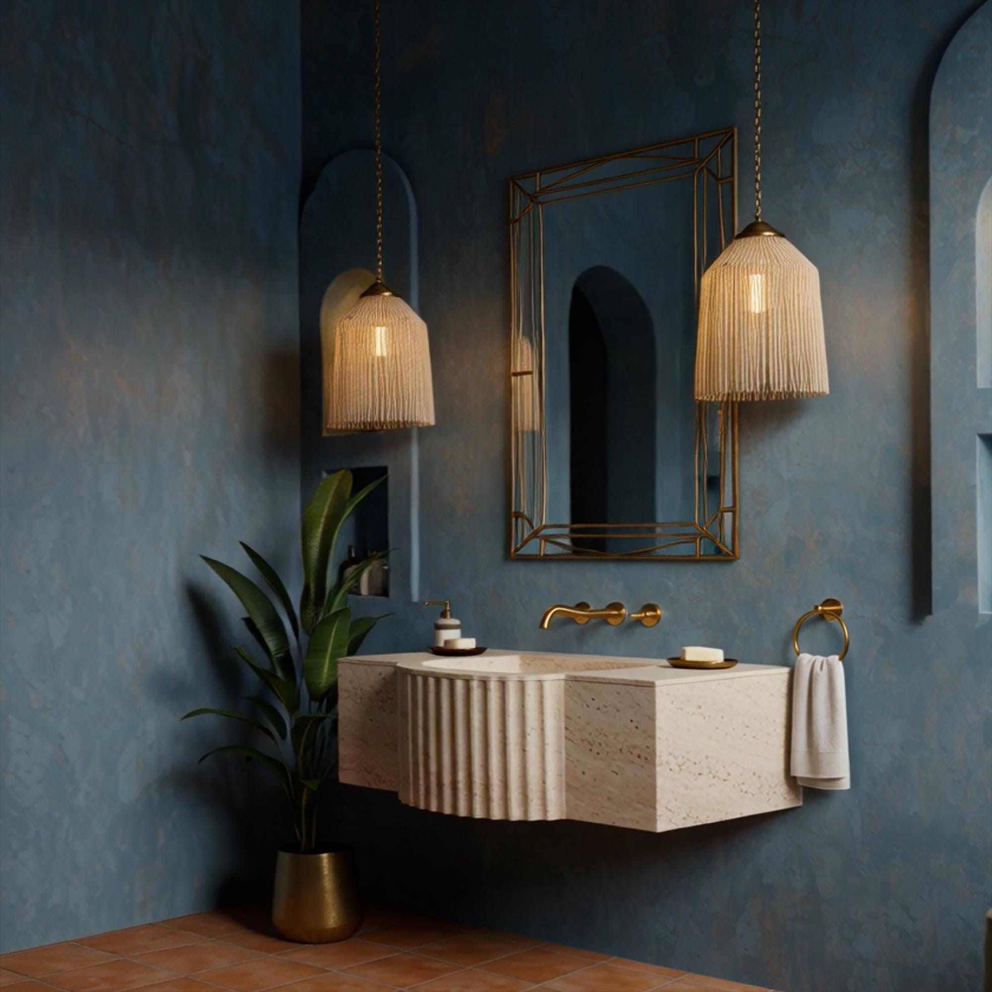 Wall-mounted semicircular vanity sink in beige travertine with elegant fluted design.