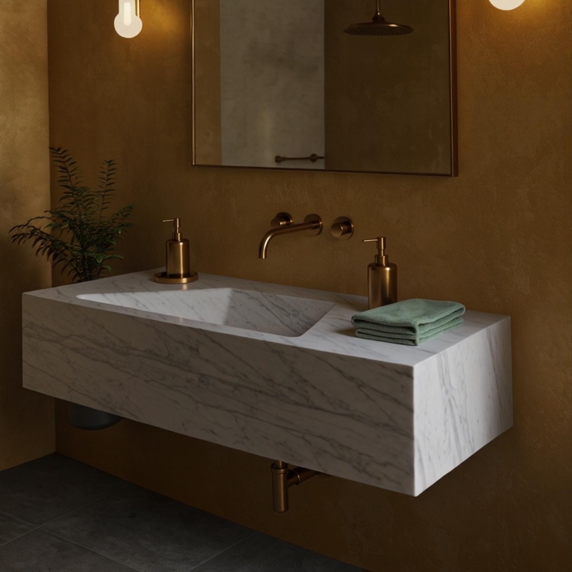 Extra wide Carrara marble wall-mounted vanity featuring a sleek geometric basin design.