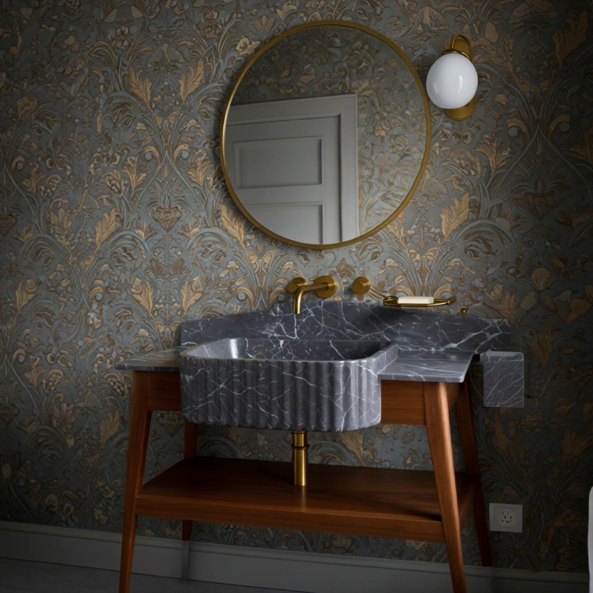 Elegant bathroom vanity featuring a fluted grey marble basin, solid walnut frame, and brass fixtures.