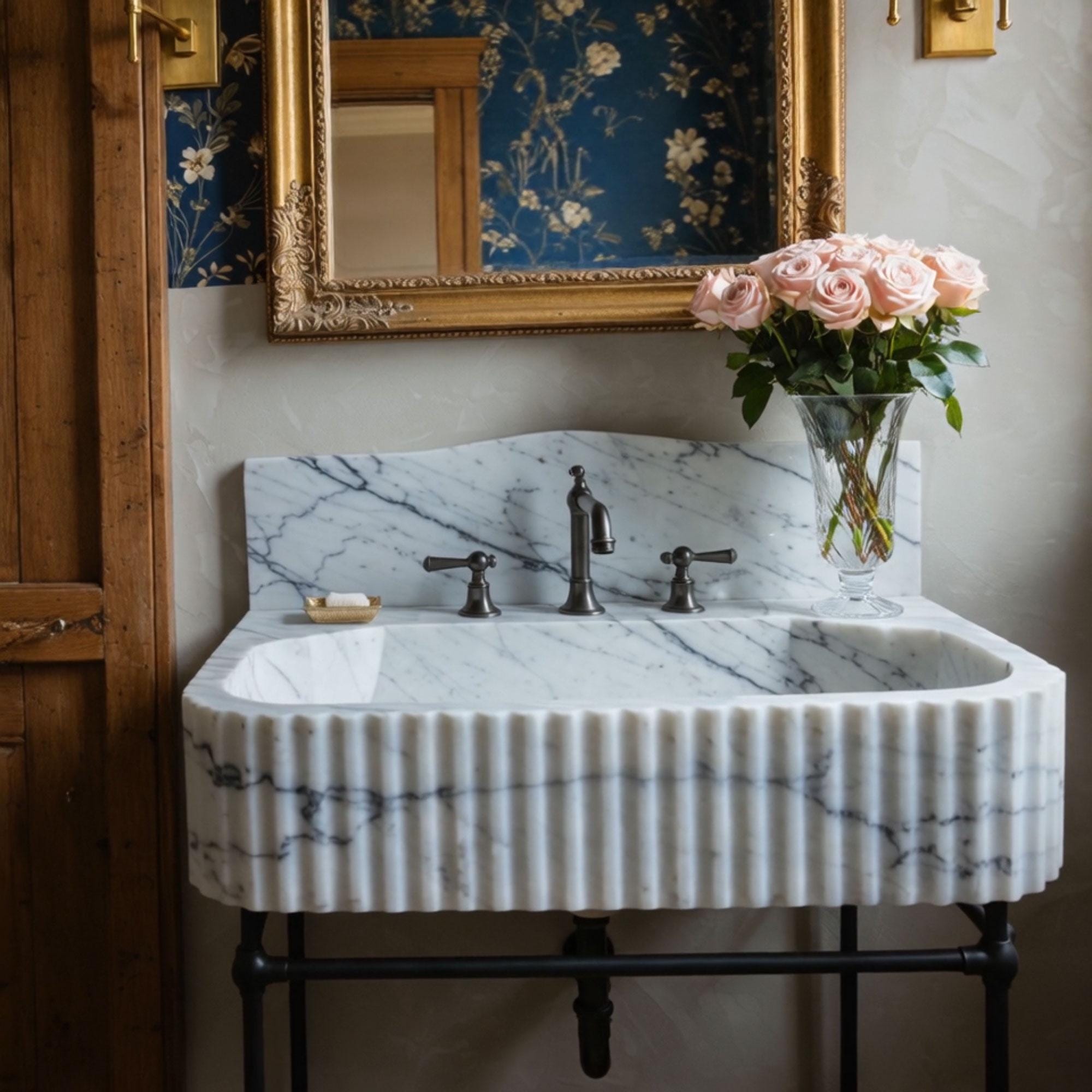 Elegant white marble console sink with bold veining, fluted texture, and integrated backsplash on black metal base.